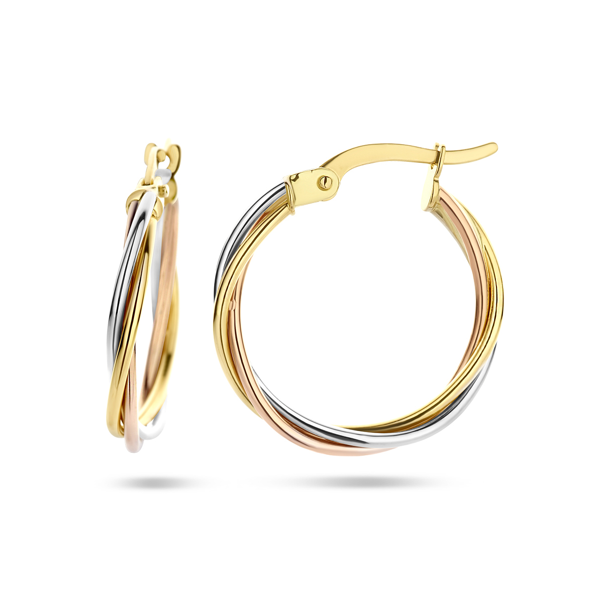 14k Tricolor wit- rose- en geelgouden oorringen met een afmeting van 20x2mm.