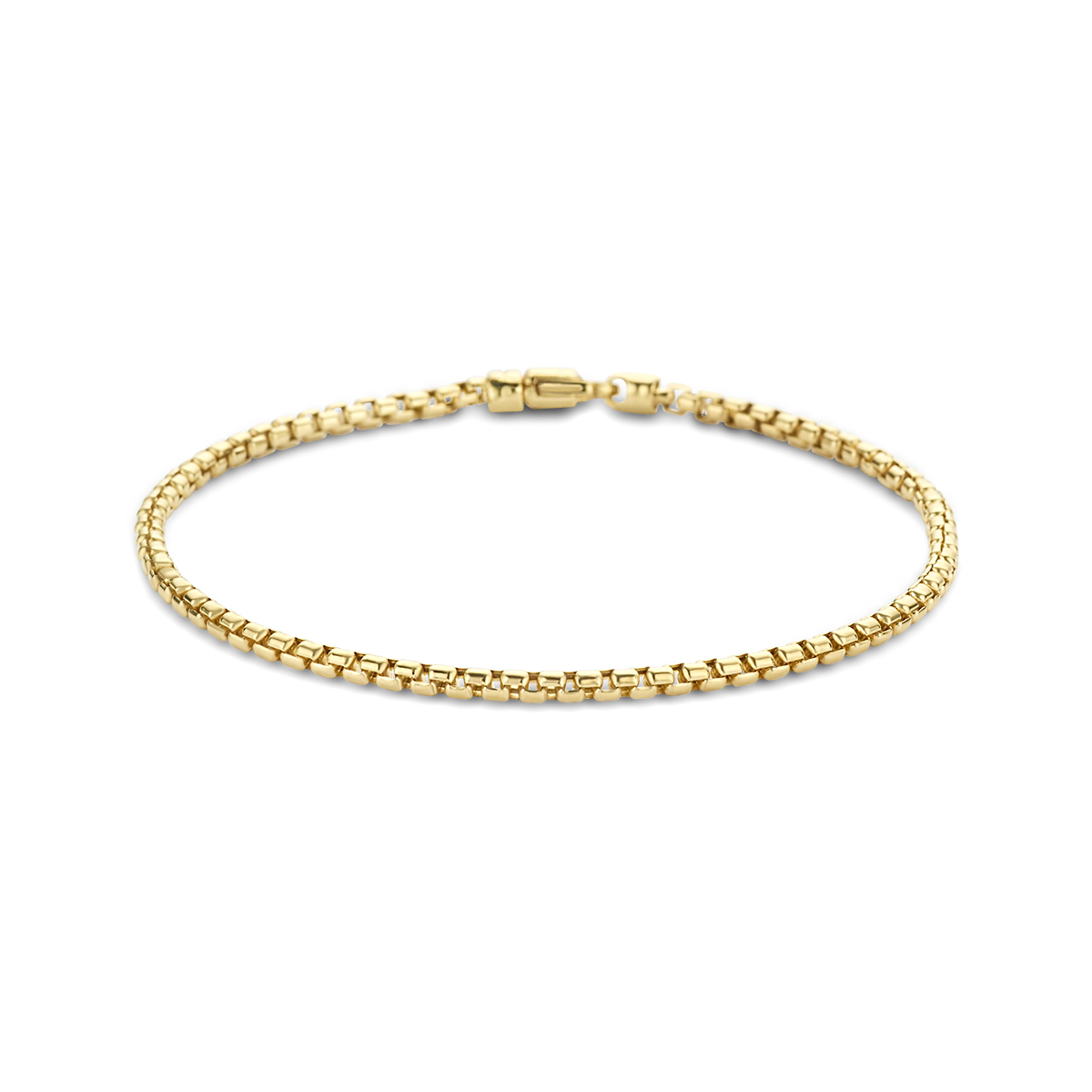 14k Geelgouden armband uitgevoerd met een venetiaanse schakel met een breedte van 2.5mm. De armband heeft een stevige karabijn sluiting.