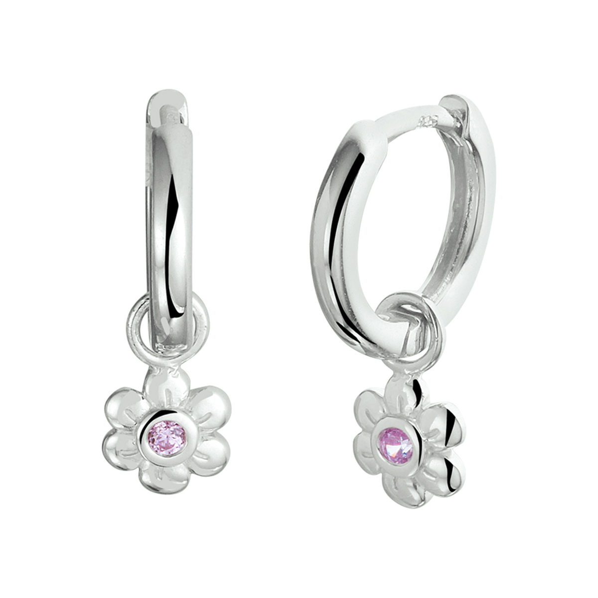 Gerhodineerd 925 zilveren oorringen uitgevoerd met een bloem en een schitterende roze zirkonia. De totale afmeting van de oorringen is 12x2mm. De afmeting van de hanger is 10x5.5mm.