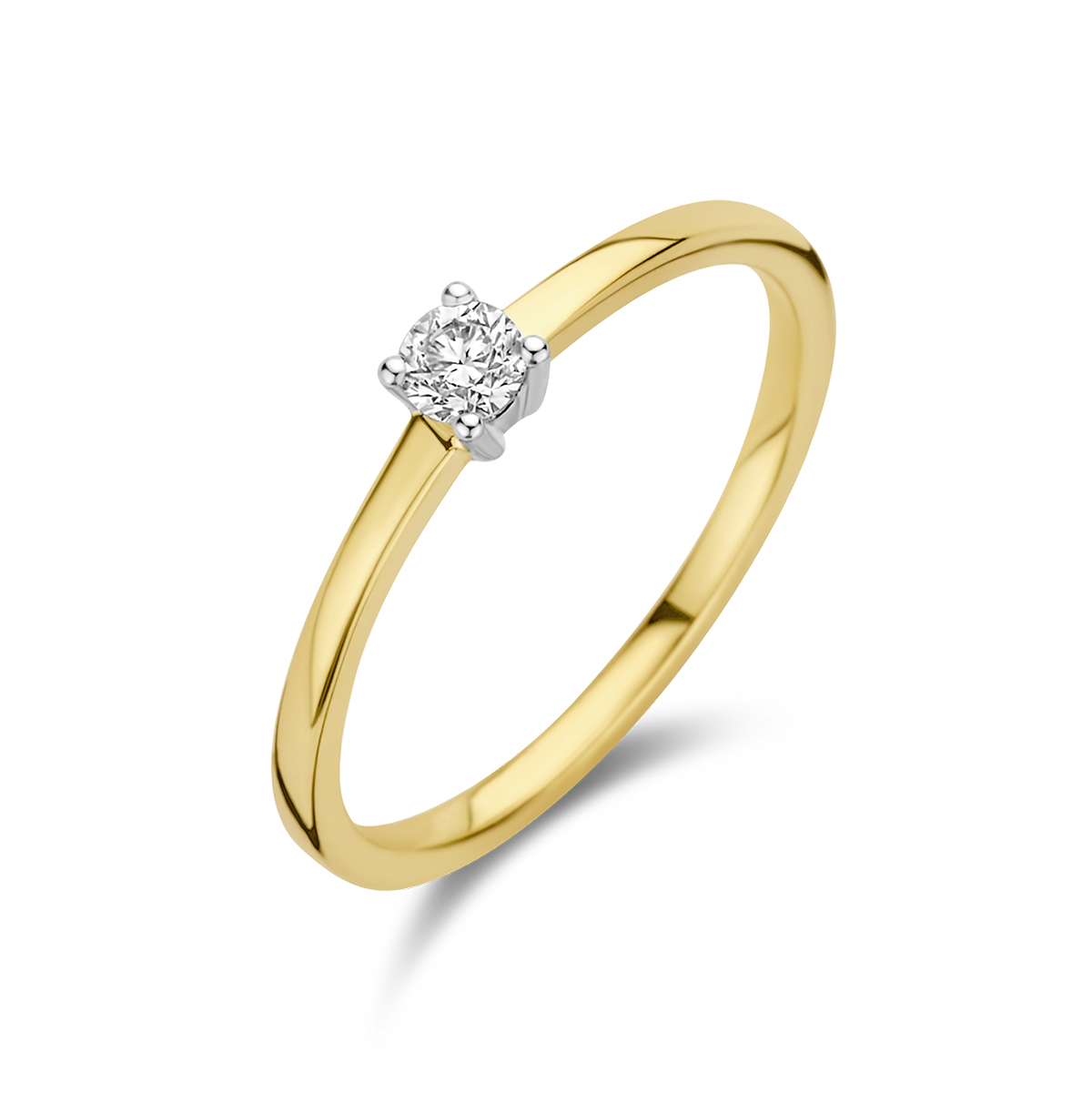 14k Bicolor geel- en witgouden ring uitgevoerd met schitterend diamant. De ring heeft een breedte van 3.5mm. De totale diamantgewicht is 0.15ct.