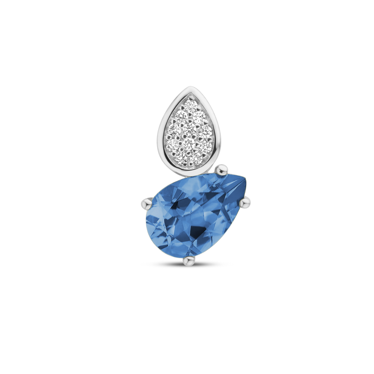 14k Witgouden hanger uitgevoerd met schitterende london blue topaas en diamant. De hanger heeft een afmeting van 14.5x8.5. Het diamantgewicht is 0.055ct.