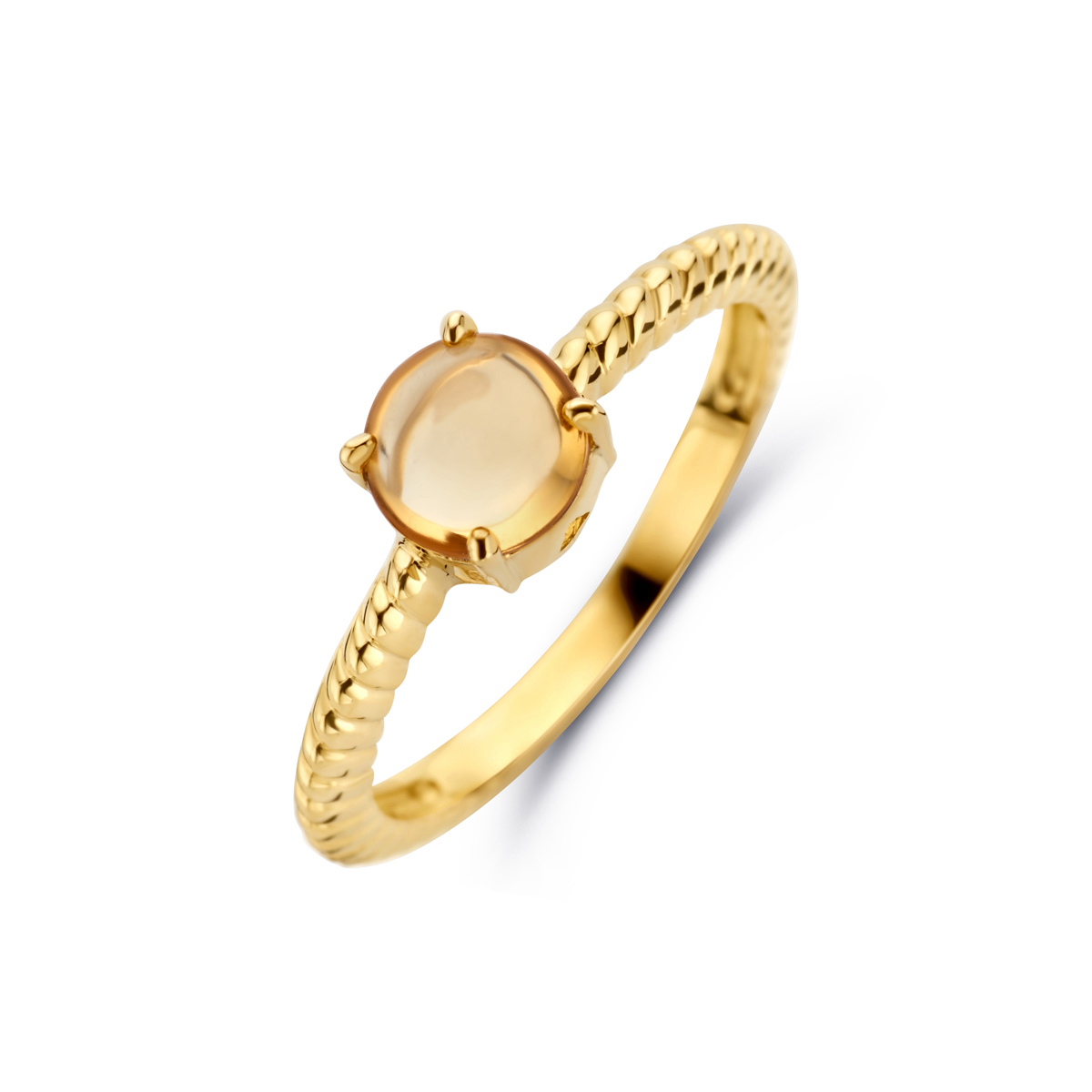 14k Geelgouden ring uitgevoerd met citrien. De steen heeft een diameter van 6mm en is cabochon geslepen.