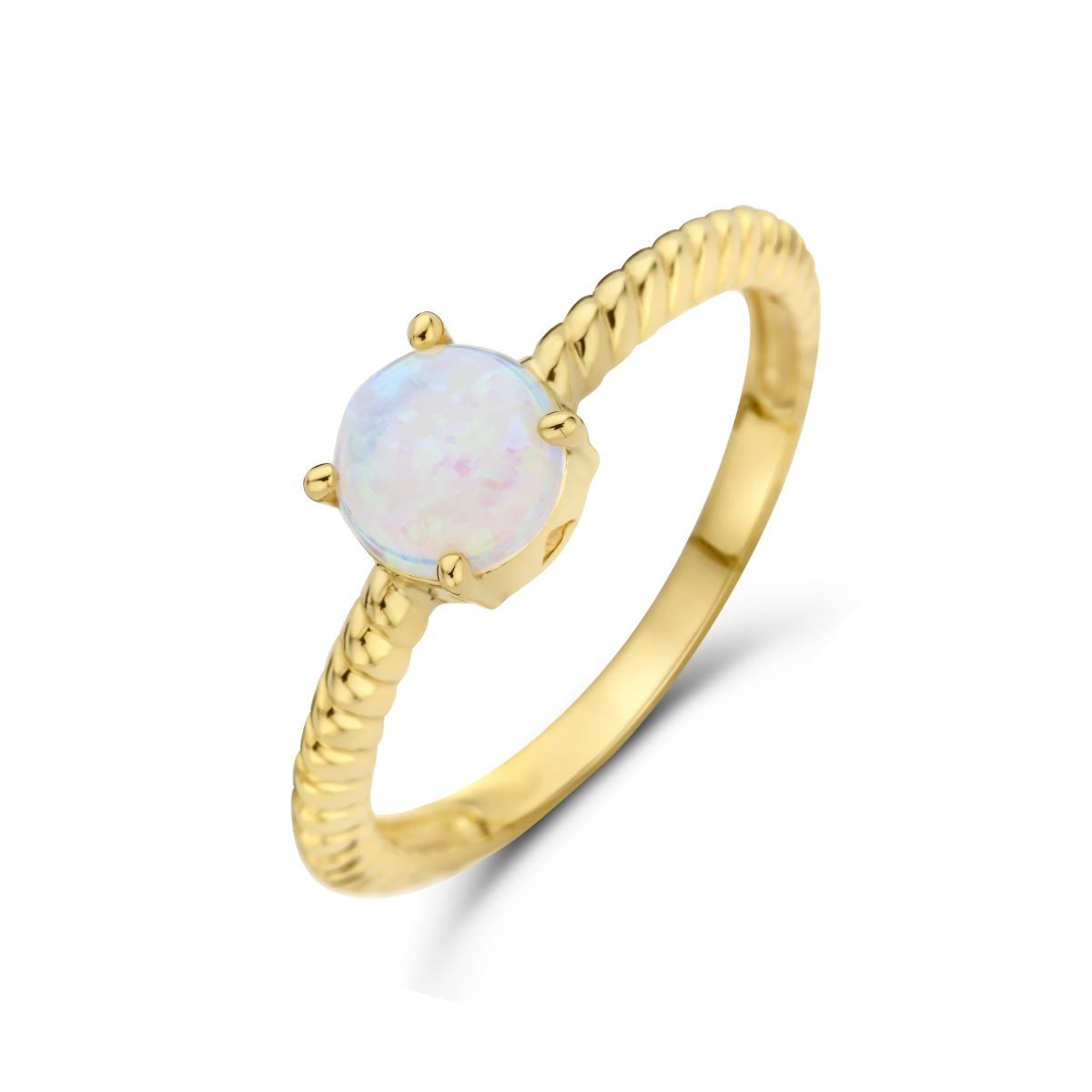 14k Geelgouden ring uitgevoerd met synthetisch opaal. De steen heeft een diameter van 6mm en is&nbsp;cabochon geslepen.