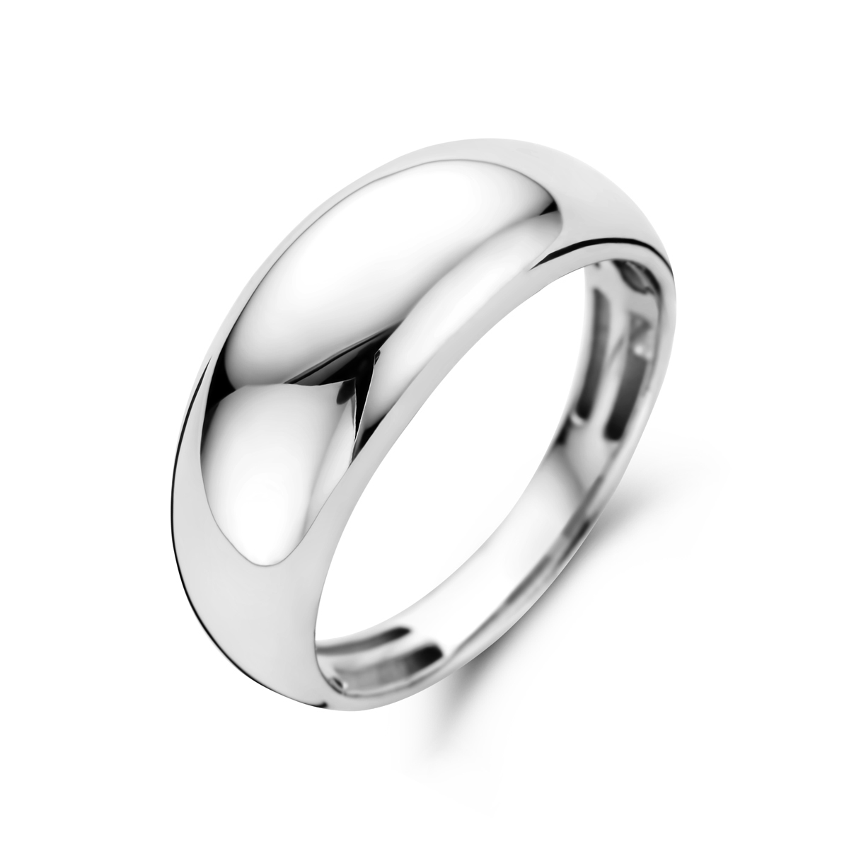 14k Witgouden ring met een breedte van 6.0mm. De ring voelt comfortabel aan door de opengewerkte bodem.