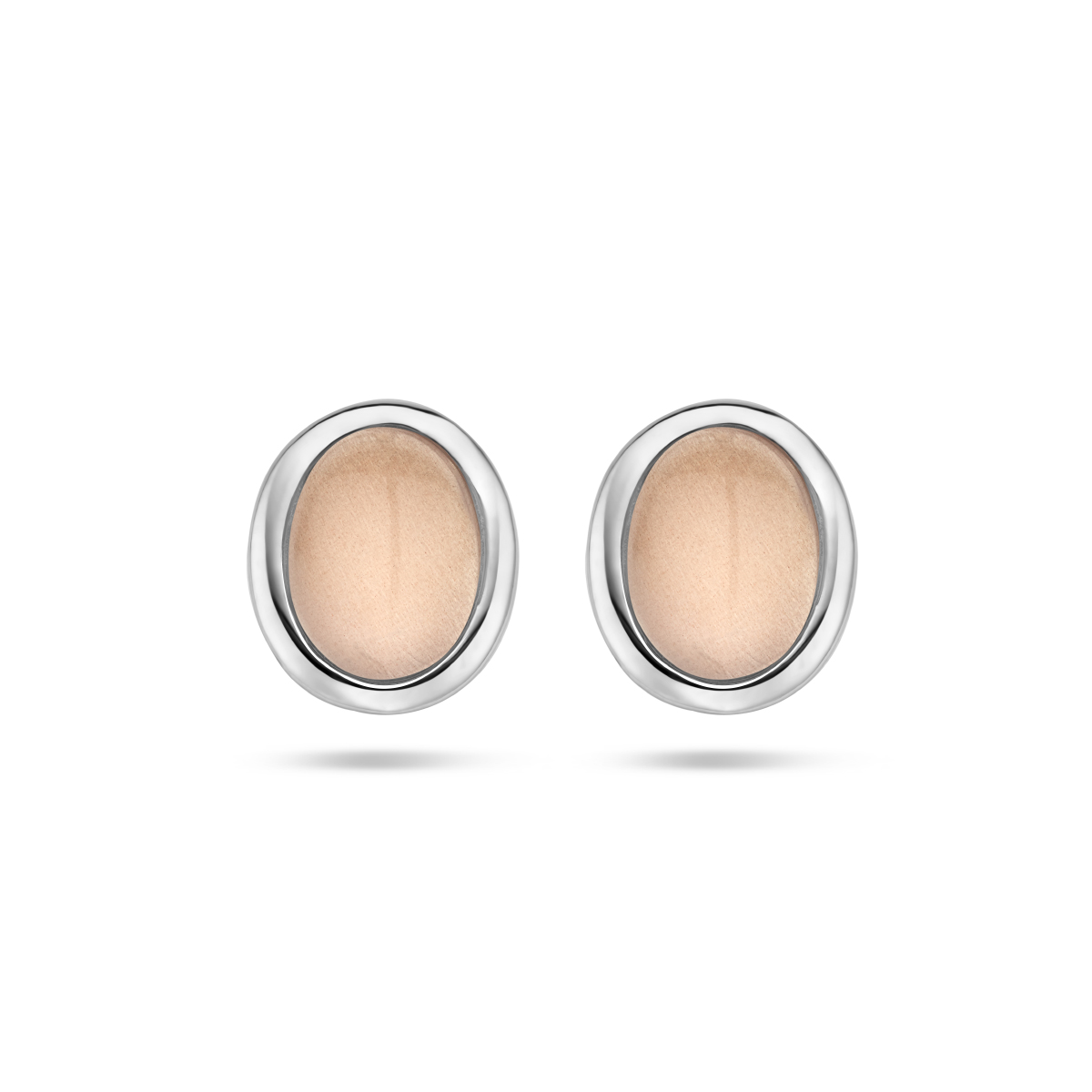 Gerhodineerd 925 zilveren oorknoppen uitgevoerd met lichtgrijs maansteen. De oorknoppen hebben een afmeting van 10x8mm.