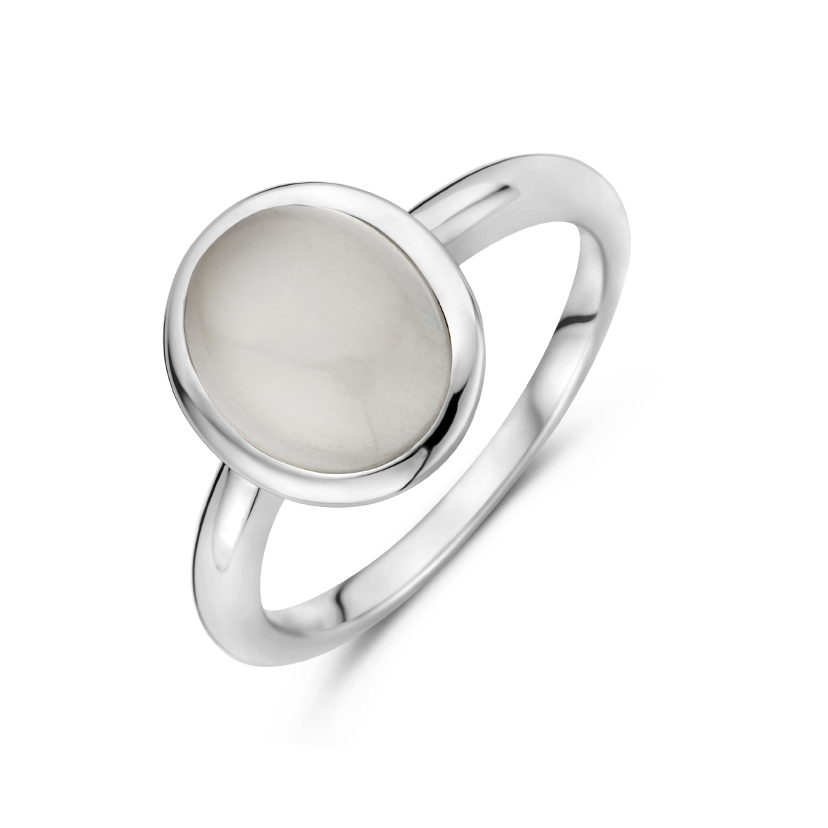 Gerhodineerd 925 zilveren ring uitgevoerd met donkergrijs maansteen. De ring heeft een afmeting van 12x10.5mm.