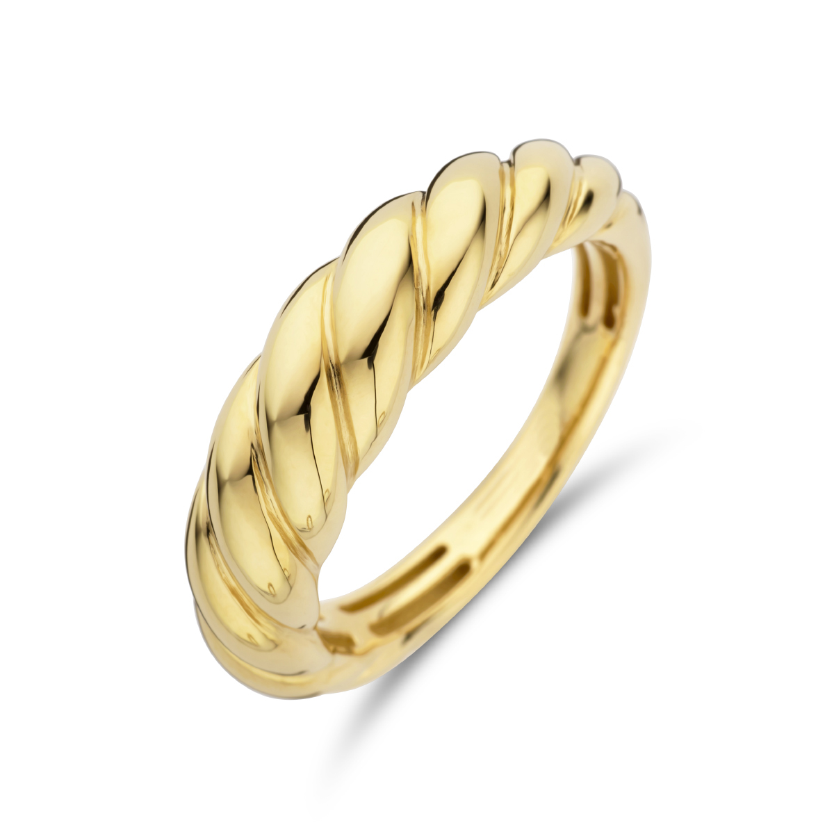 14k Geelgouden ring met een breedte van 6mm. De ring voelt comfortabel aan door de opengewerkte bodem.