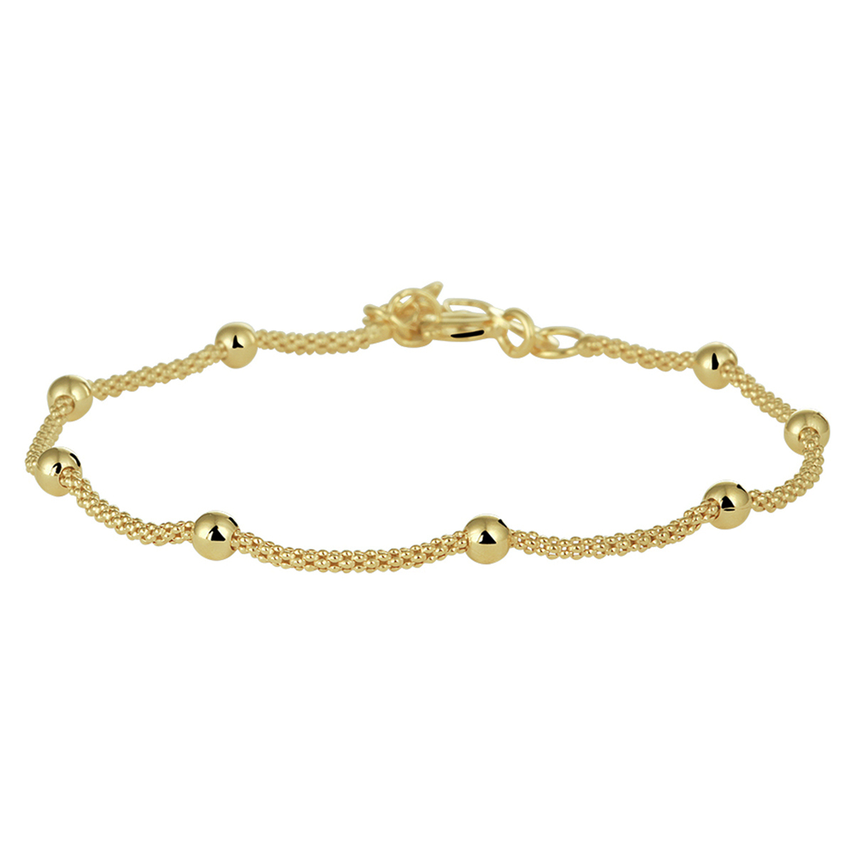 Trendy geelgoud op zilveren armband met een draaglengte van 17cm en een extensie van 2cm. Minimalistisch design uitgevoerd met bolletjes van 3mm voor een exclusieve uitstraling. Geen garantie op plating.