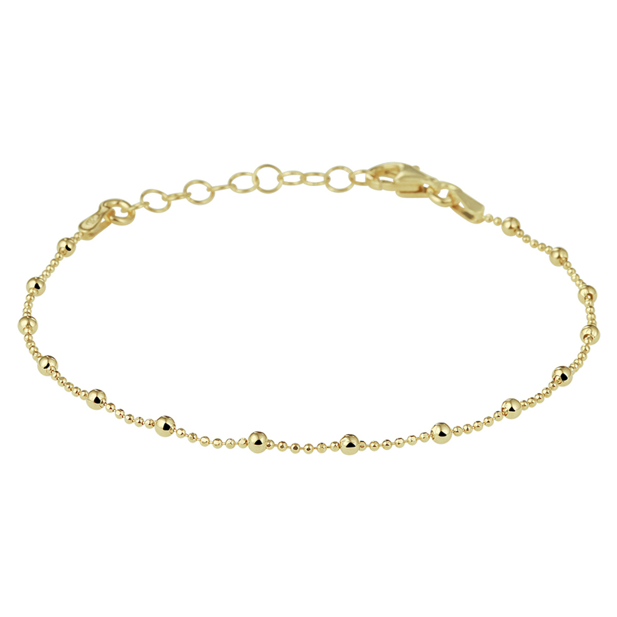 Trendy geelgoud op zilveren armband uitgevoerd met bolletjes van 1 en 2mm. De armband heeft een stevige karabijn sluiting en een draaglengte van 16cm met een extensie van 3cm. Geen garantie op plating.