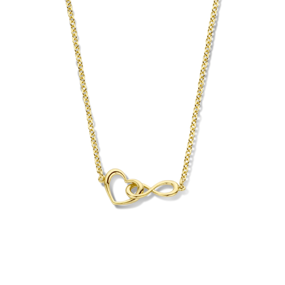 Geelgoud op 925 zilveren collier met een hart en infinity. De draaglengte is 42cm met een extensie van 3cm. Uitgevoerd met een karabijn sluiting. De schakelbreedte is 1.7mm. Geen garantie op plating.