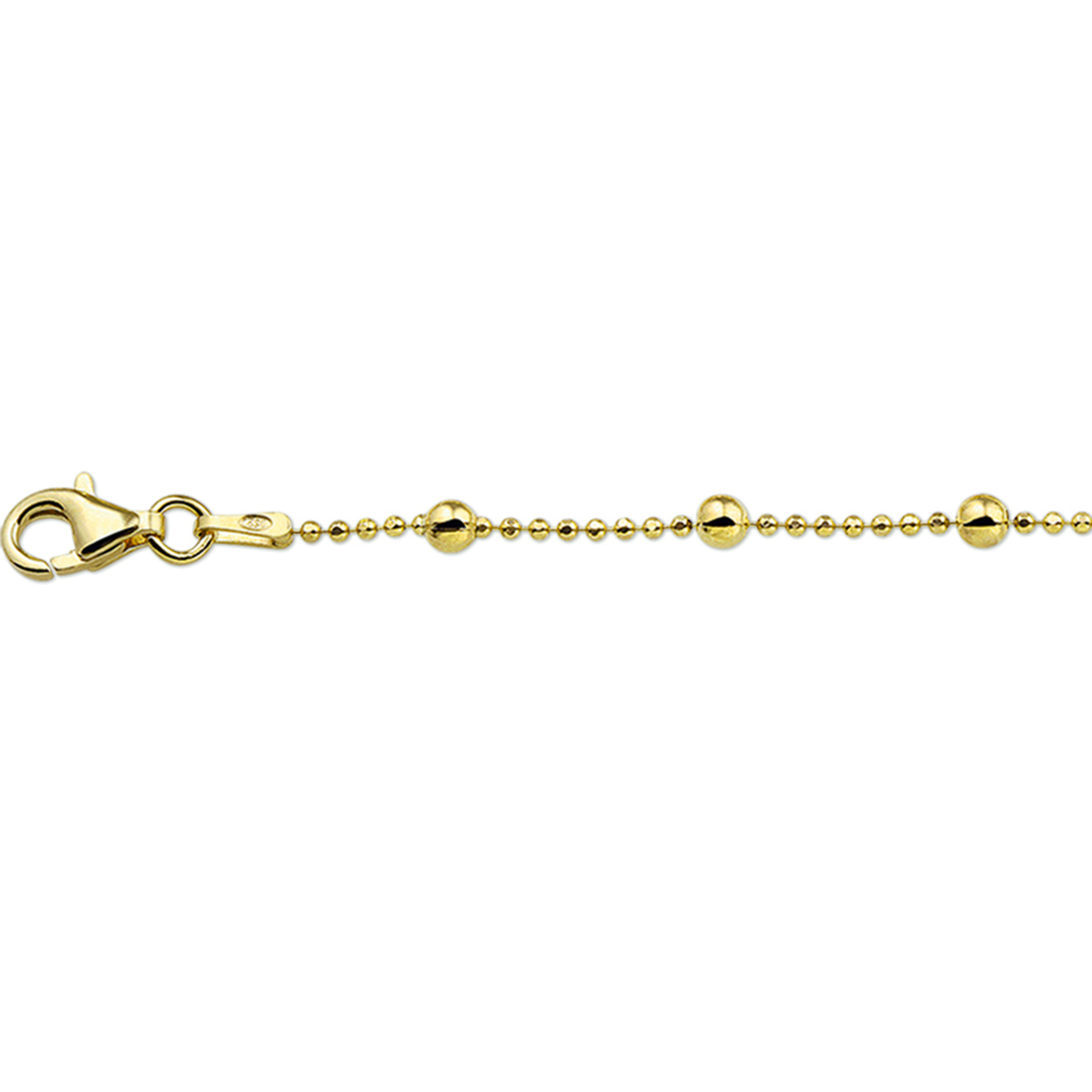 Trendy geelgoud op zilveren bolletjes enkelbandje met een draaglengte van 24cm en een extensie van 2cm. Het enkelbandje is uitgevoerd met een stevige karabijn sluiting. Minimalistisch design voor een exclusieve uitstraling. De schakelbreedte is 3.0mm. Geen garantie op plating.