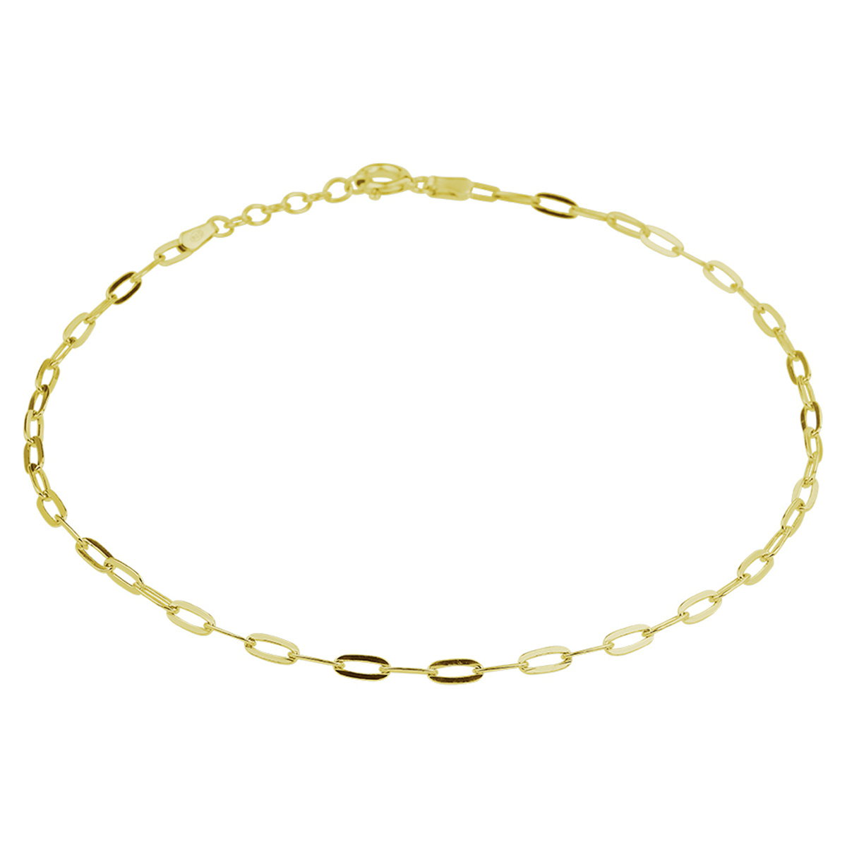 Geelgoud op 925 zilveren enkelbandje met een schakelbreedte van 2.4mm. Het enkelbandje heeft een draaglengte van 24cm met een extensie van 2cm. 