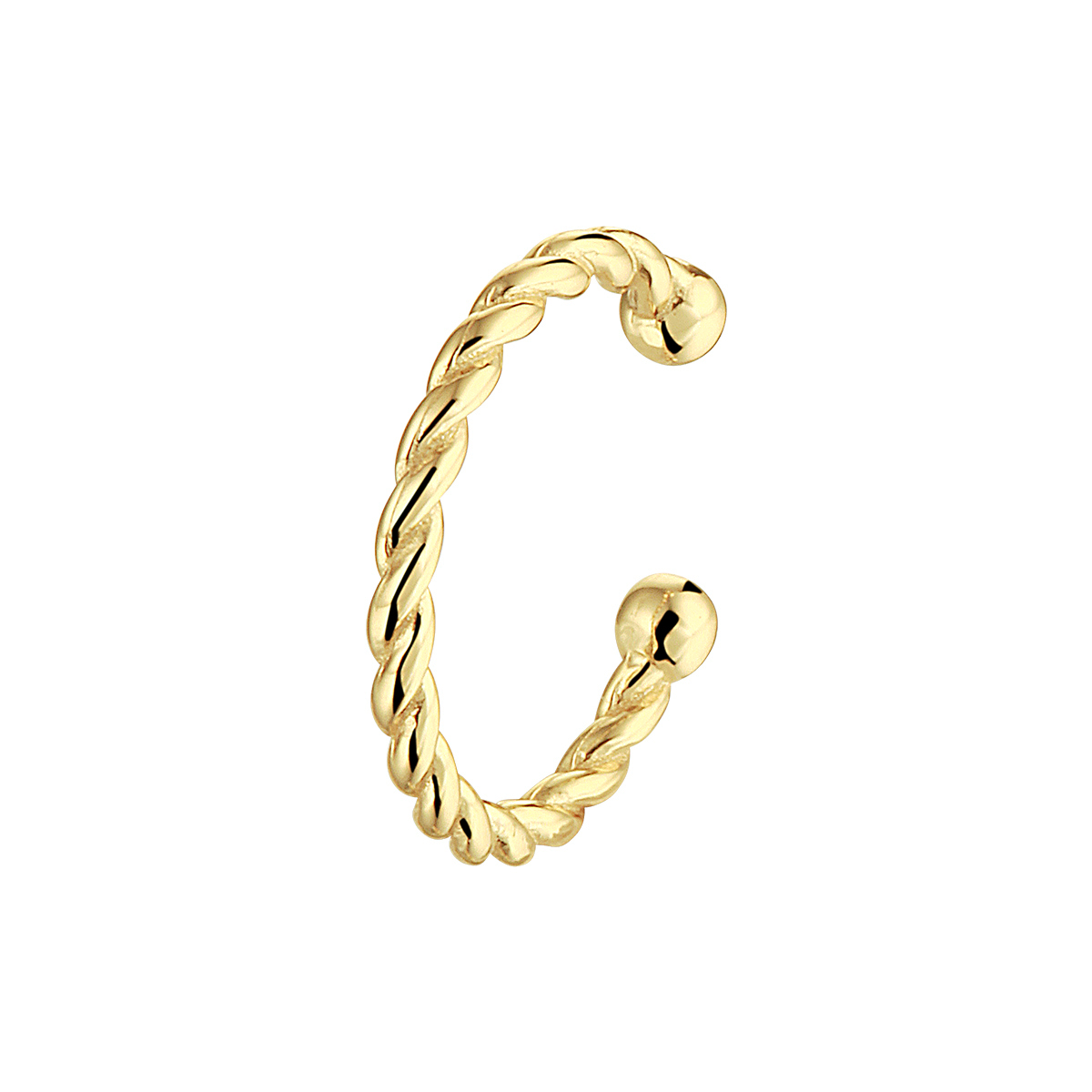 Geelgoud op 925 zilveren earcuff gedraaid. De earcuff heeft een afmeting van 13x2mm en wordt per stuk verkocht. Geen garantie op plating.