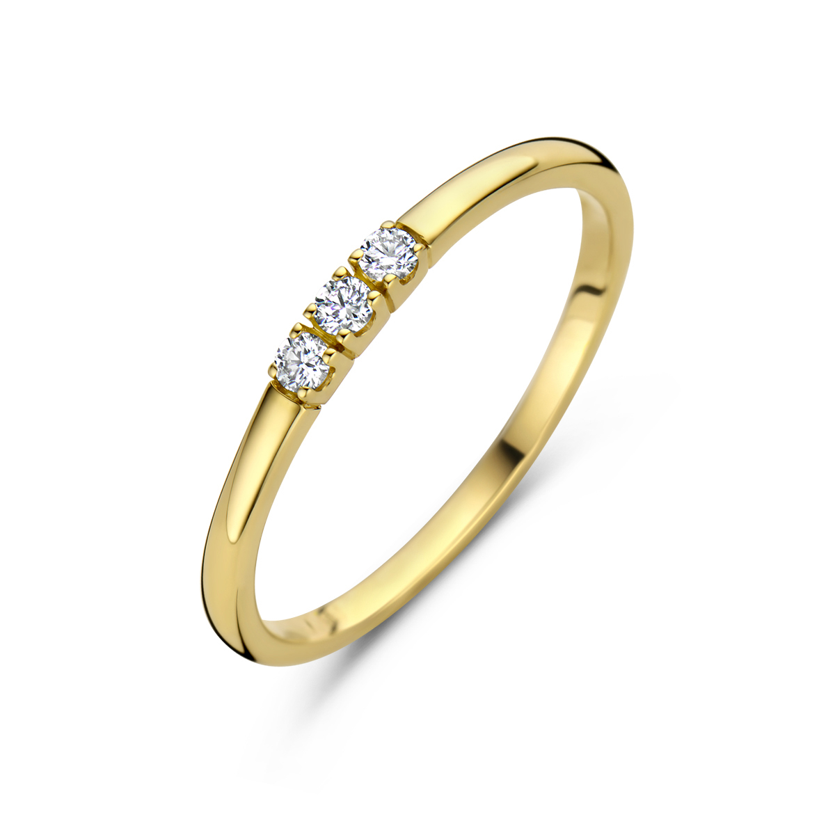 14k Geelgouden ring uitgevoerd met een diamant rij. De ring heeft een breedte van 2mm.