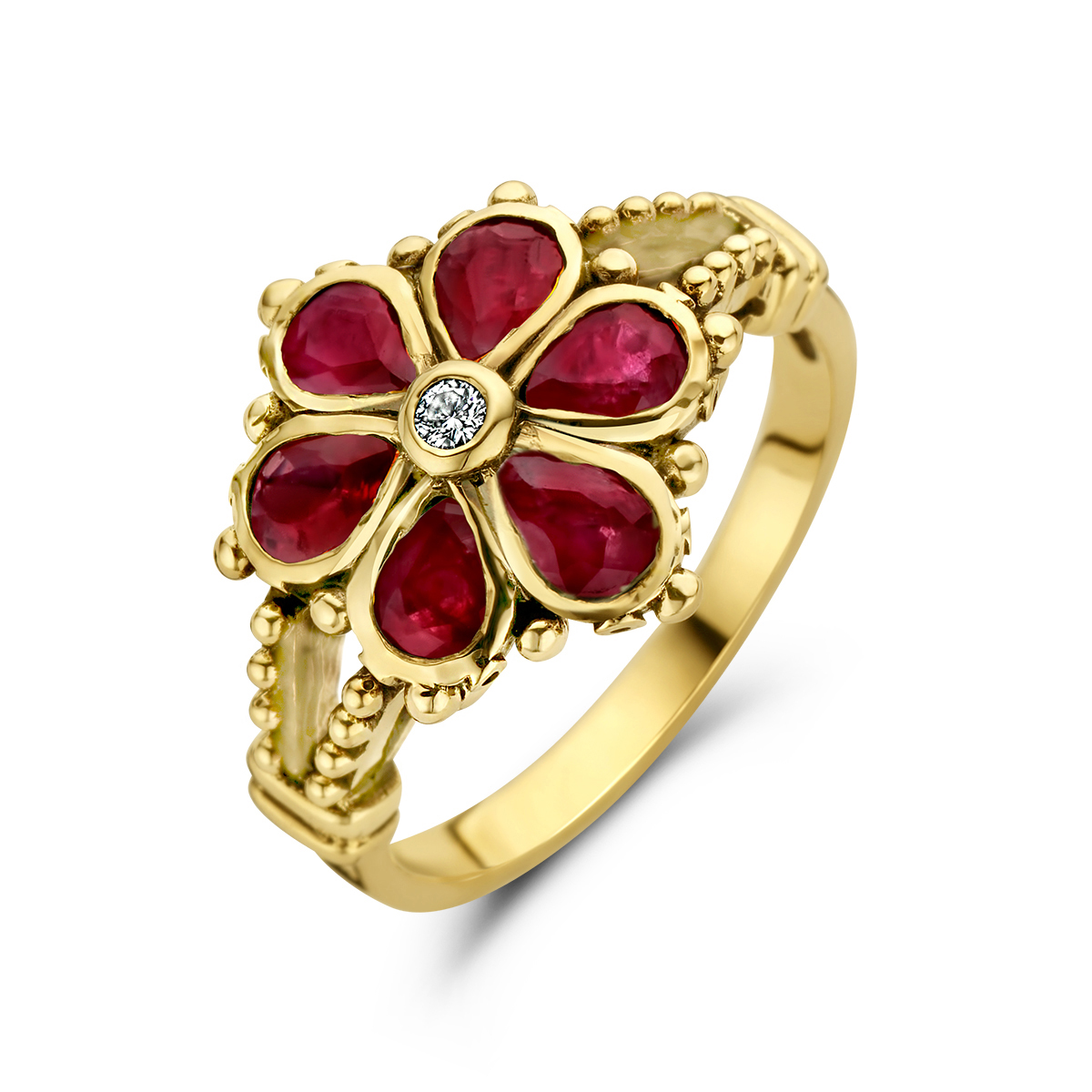 14k Geelgouden vintage ring uitgevoerd met schitterende robijn stenen en een diamant. De ring heeft een breedte van 13.5mm. 0.04ct h si