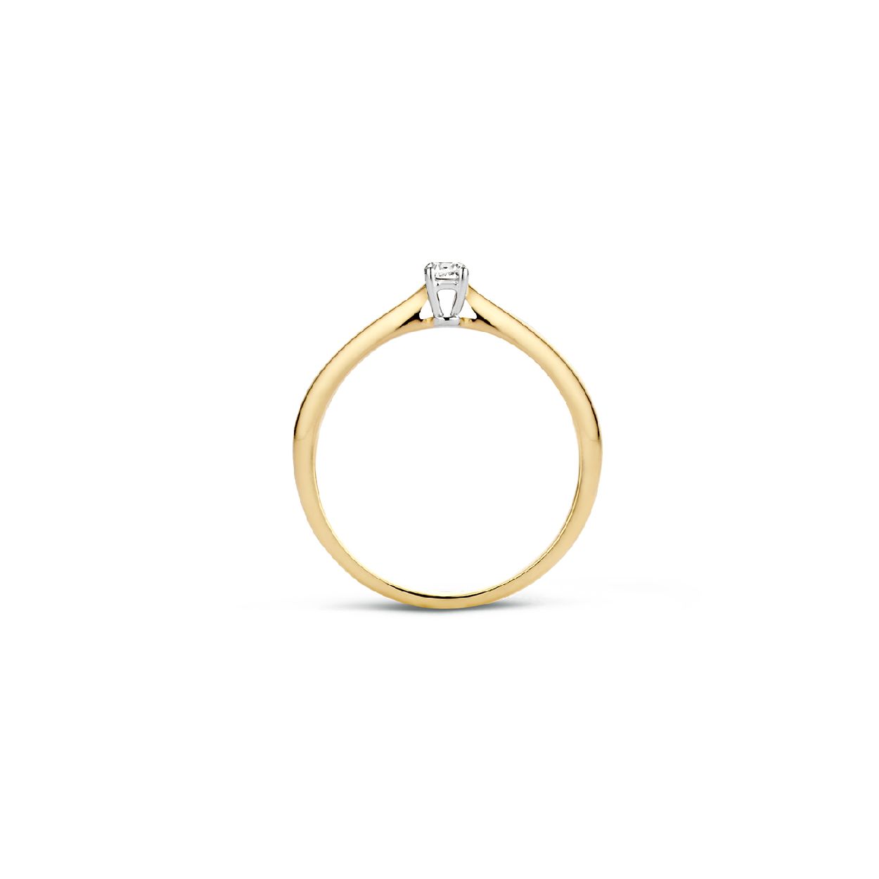 Een zirkonia in chatonzetting siert deze elegante ring van 14k wit -en geelgoud. De band is 1,8 mm breed en de steen heeft een doorsnede van 3 mm. Leuk om te mixen en matchen met andere ringen uit onze collectie.
