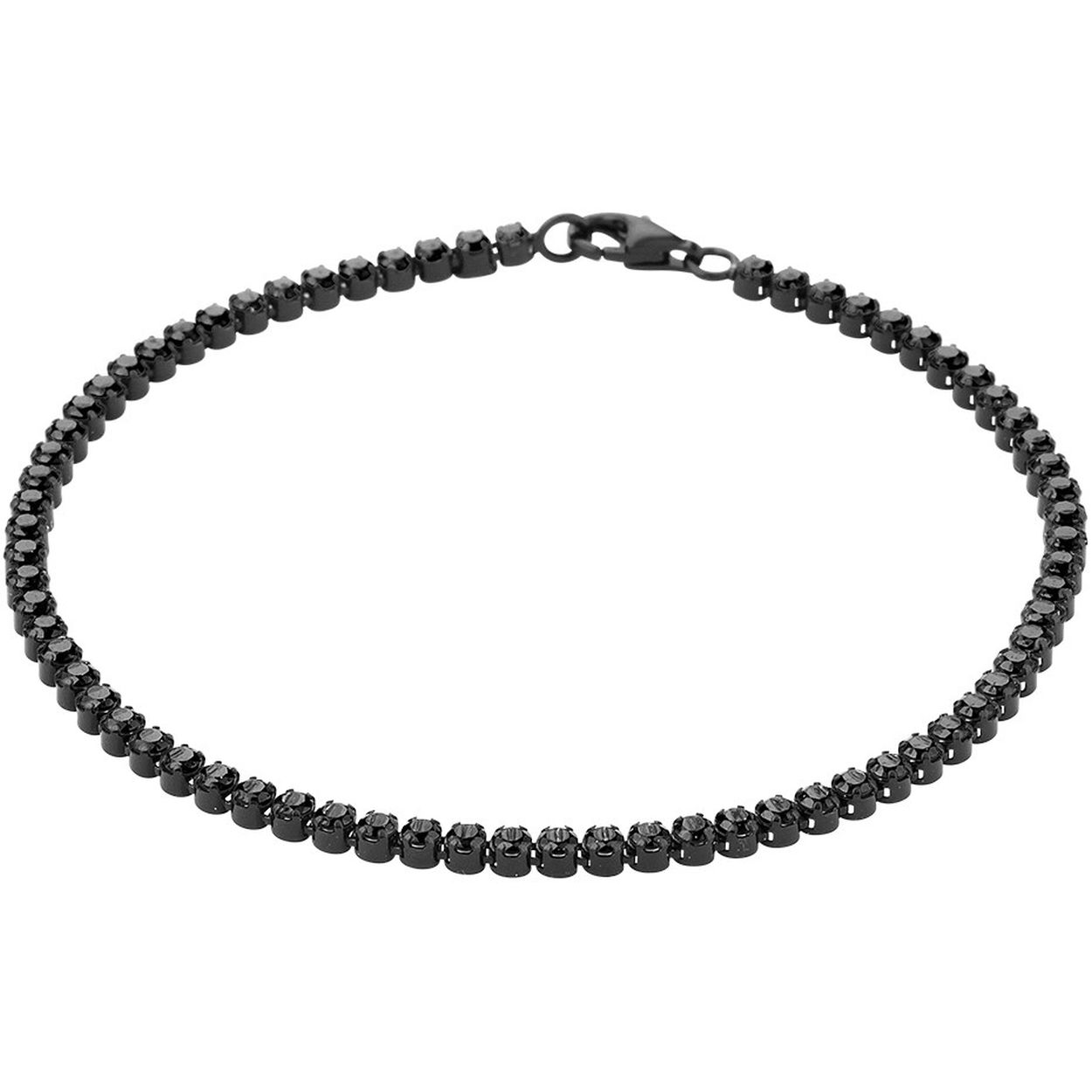 Zwart ruthenium 925 zilveren tennisarmband uitgevoerd met zwart zirkonia en een stevige karabijn sluiting. De armband heeft een draaglengte van 18cm en een breedte van 2.5mm.