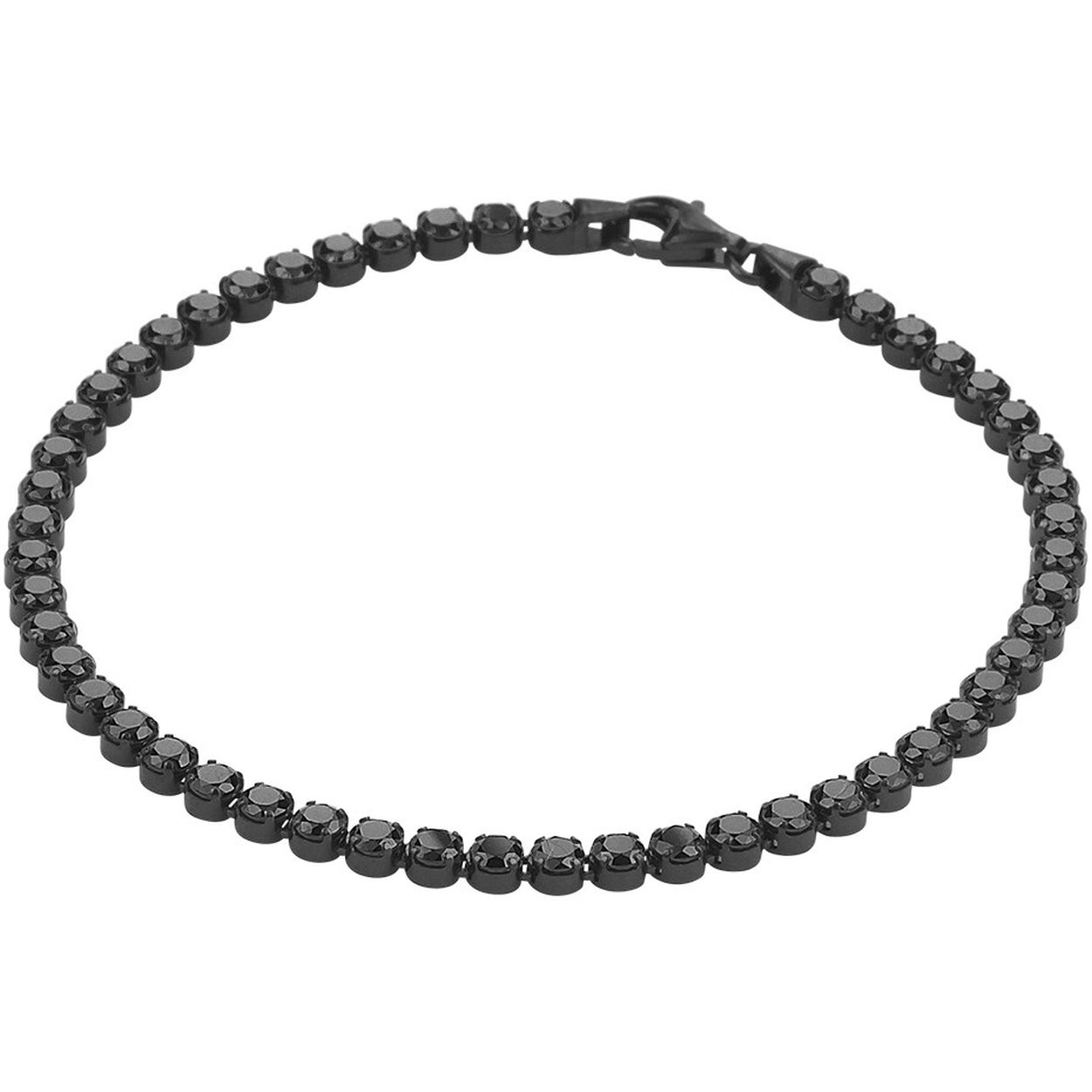 Zwart ruthenium 925 zilveren tennisarmband uitgevoerd met zwart zirkonia en een stevige karabijn sluiting. De armband heeft een draaglengte van 18cm en een breedte van 3mm.