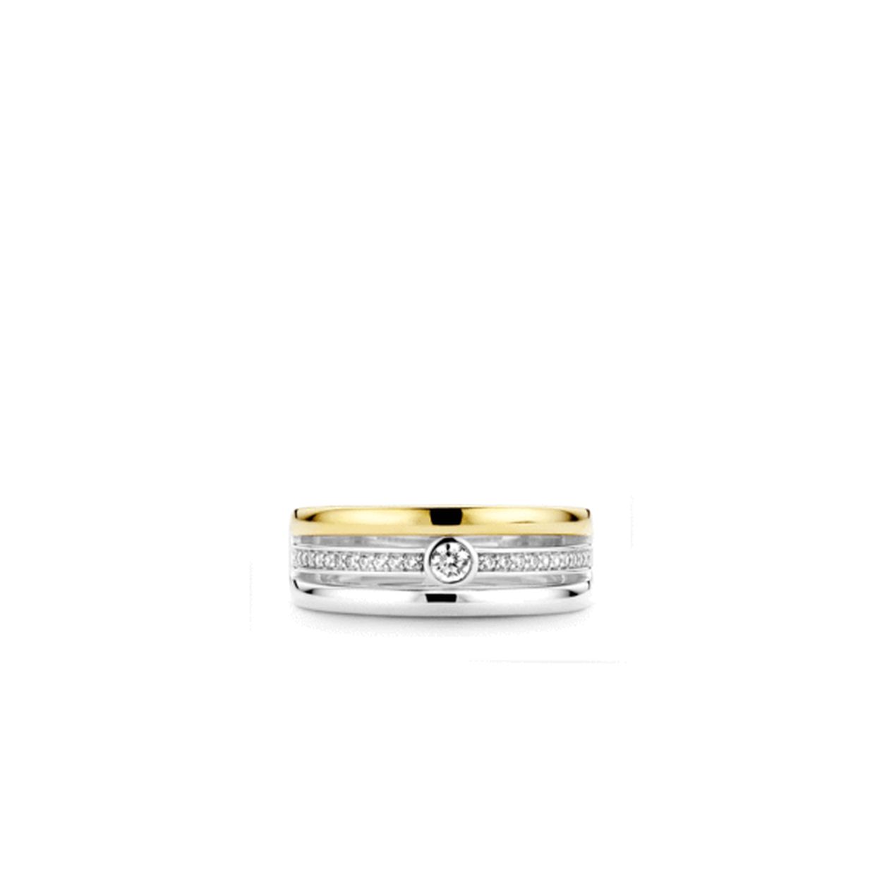 TI SENTO - Milano stapelring gemaakt van gerhodineerd sterling zilver. De ring heeft een 18k gouden plating en is pavé gezet met zirkonia's. Je kunt deze ring combineren met andere sieraden uit TI SENTO's collectie met gouden plating.