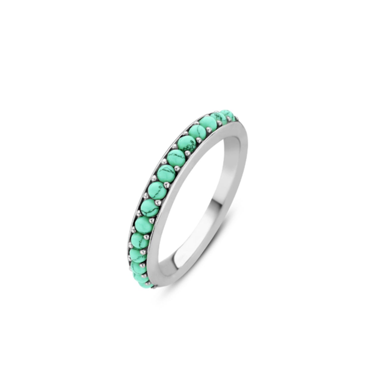 Deze ring uit de TI SENTO - Milano collectie is vervaardigd uit gerhodineerd sterling zilver en ��n rij met kristallen. Deze zijn geslepen in een briljantvorm en zijn met de hand gezet. De strakke uitvoering van de ring zorgt voor een naadloze aansluiting op andere ringen. Dit sieraad is eenvoudig te combineren met andere ringen. De turquoise kleurige look geeft de combinatie met andere ringen een extra twist. In de TI SENTO collectie zijn vele ringen te vinden waar combinaties mee kunnen worden gemaakt volgens het TI SENTO Mix & Match concept. Deze mooie ring is ook perfect te dragen met de bijpassende oorbellen en ketting.