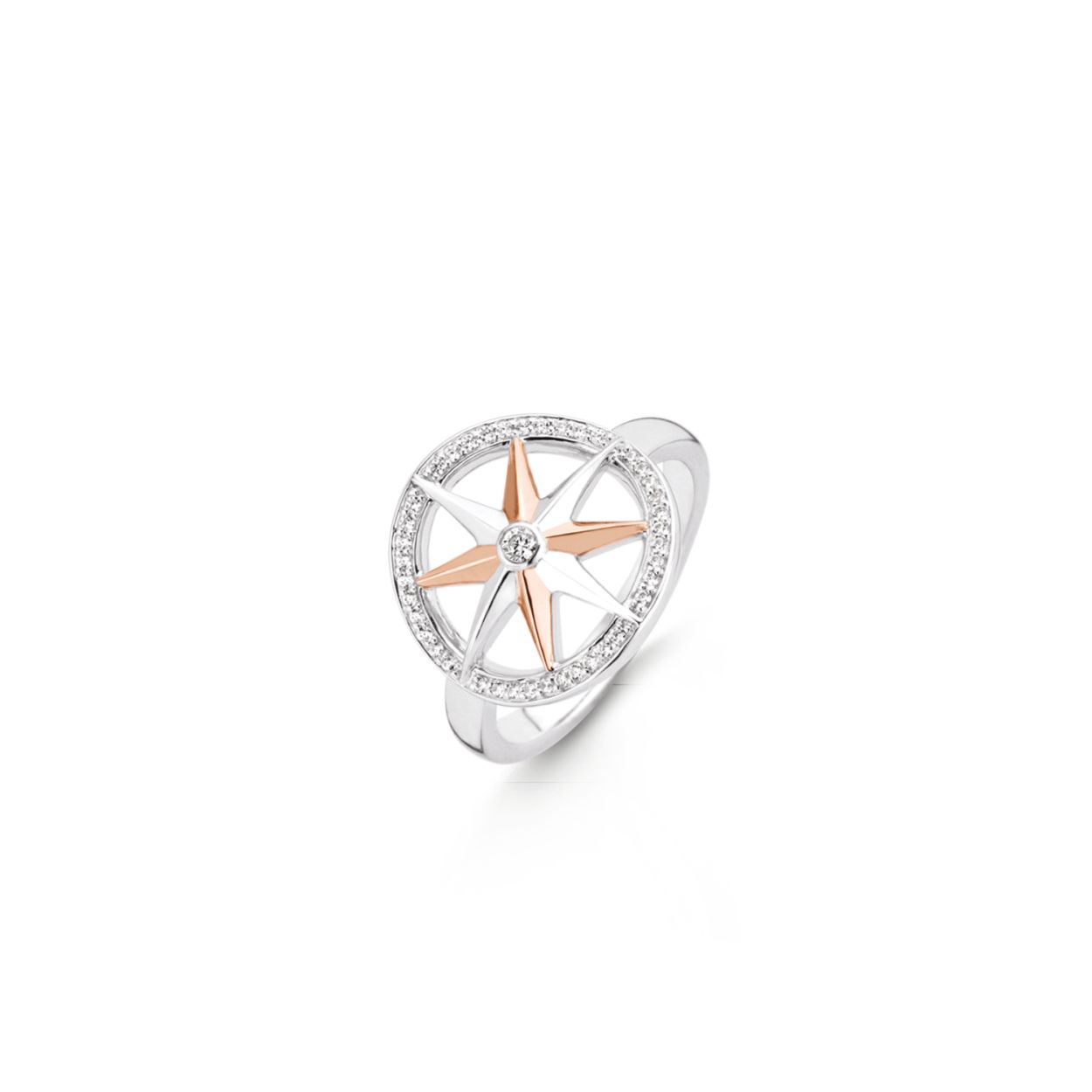 Deze zilveren TI SENTO - Milano ring 12155ZR met haar ros� goud vergulde windroos en witte zirkonia stenen is een prachtige verschijning. Laat haar je de weg wijzen.