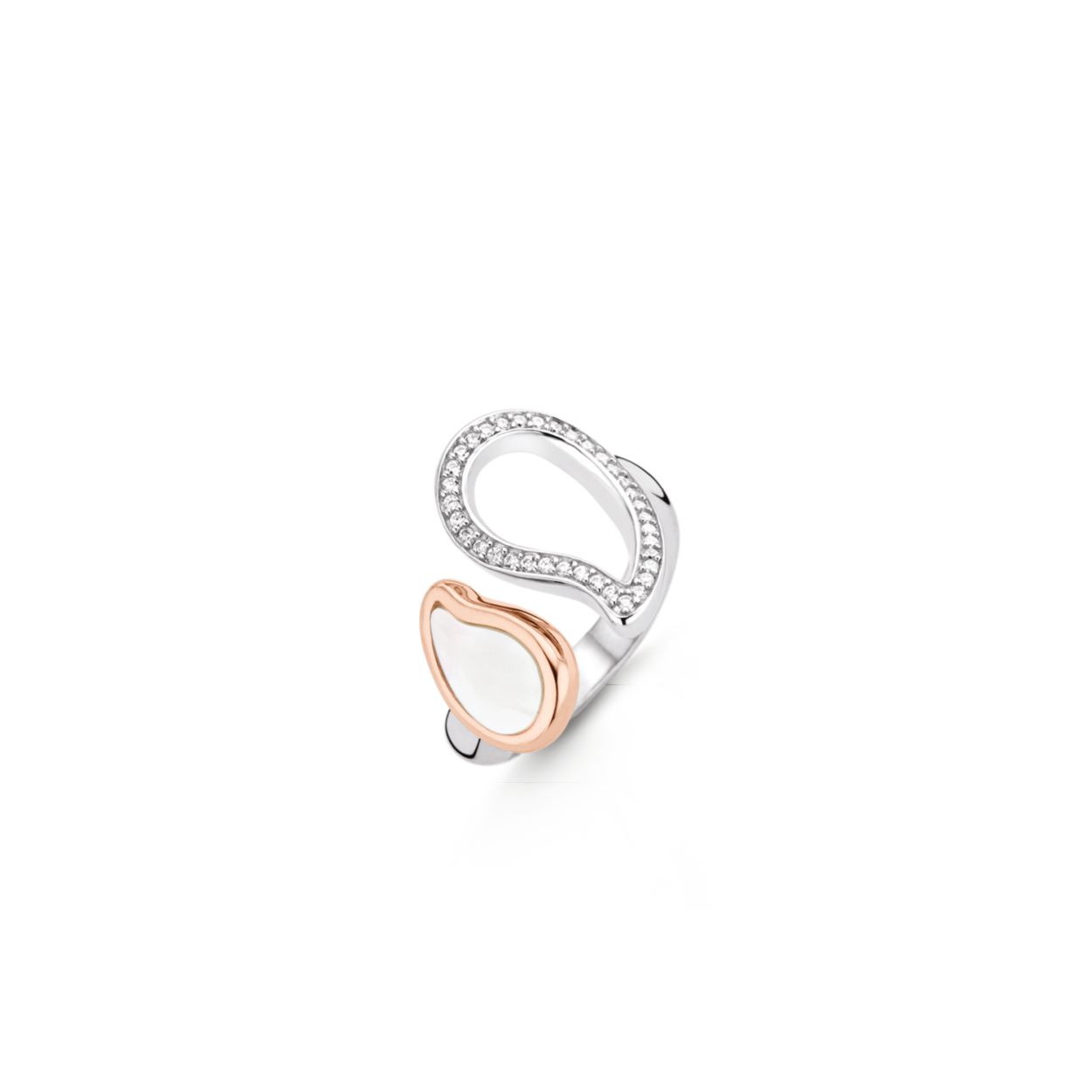 Deze zilveren TI SENTO - Milano�ring 12156MR�met haar parelmoer paisley vorm verguld in ros� goud is een echte verleidster. Zacht en speels samengevoegd. Laat je betoveren.