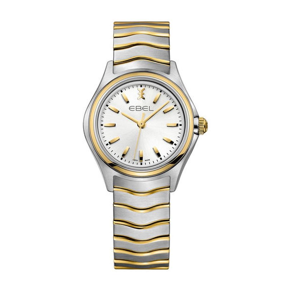 EBEL Wave - 1216195 dames polshorloge. . Edelstalen kast gecombineerd met 18 karaat geel goud. Ø 30 mm. Witte Index  wijzerplaat. Saffier glas. Edelstalen Wave band met goud accenten en klap sluiting. Zwitsers quartz uurwerk. 5 ATM waterdicht.