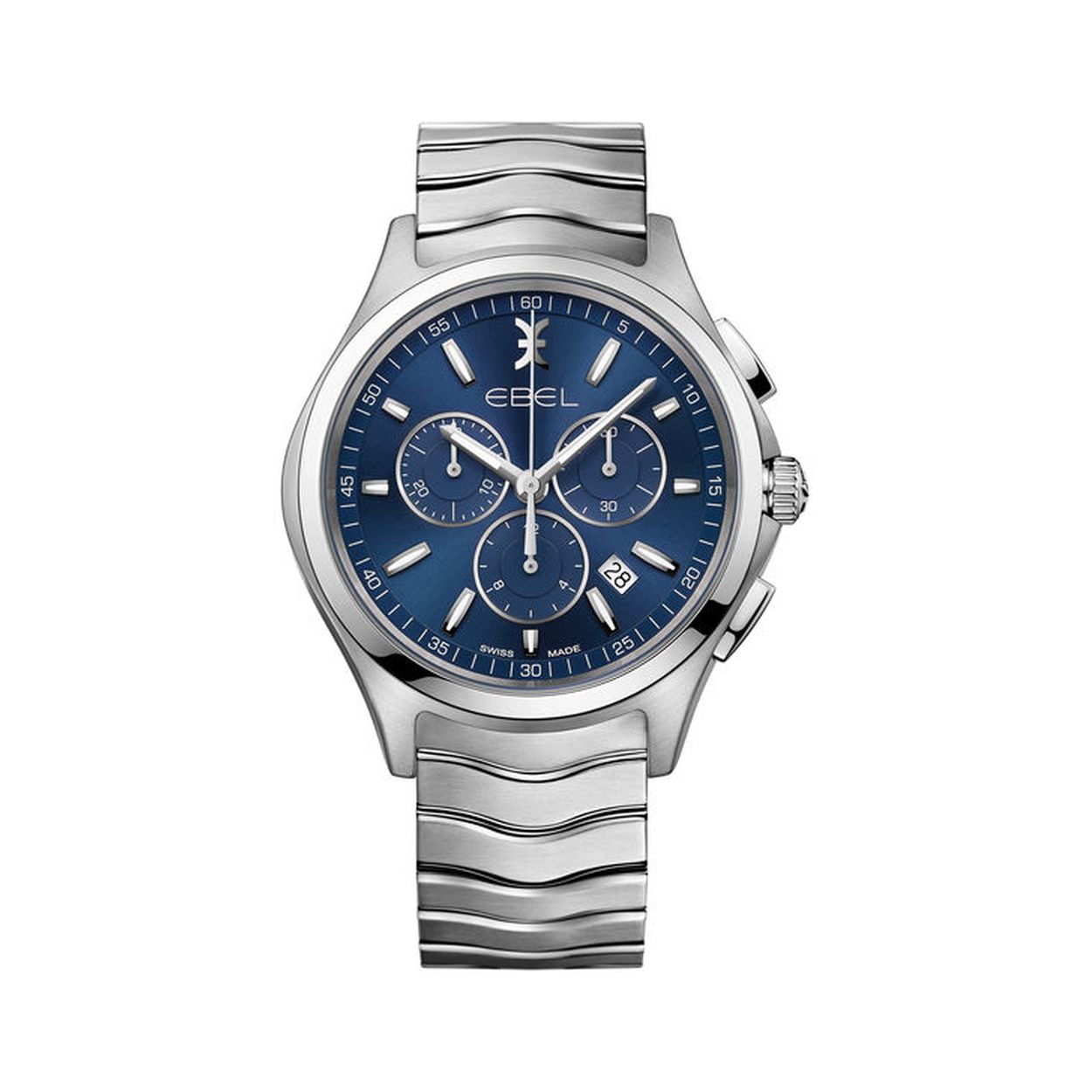 EBEL Wave - 1216344 heren polshorloge Chronograaf. Edelstalen kast Ø 42 mm. Blauw Index wijzerplaat. Saffier glas. Edelstalen Wave band met klap sluiting. Zwitsers quartz uurwerk. 5 ATM waterdicht.