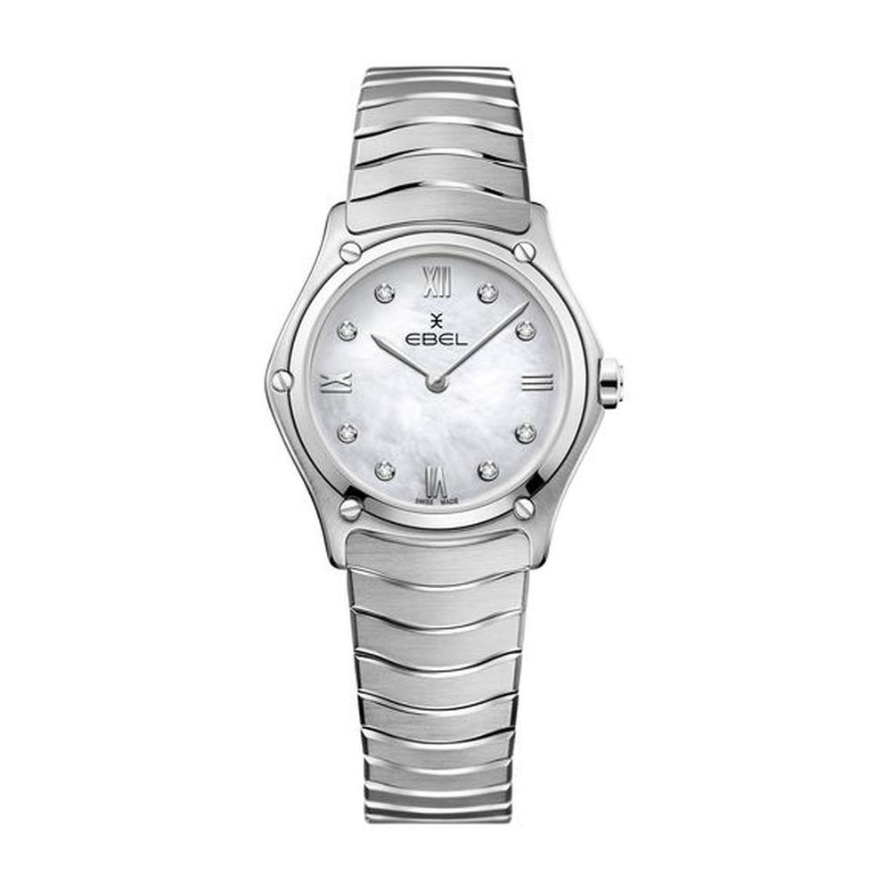 EBEL Sport Classic - 1216417A dames pols horloge. Edelstalen kast Ø 29 mm. Parelmoeren wijzerplaat met Romeinse cijfers en 8 diamanten ( 0,052 crt ). Ontspiegeld Saffier glas. Edelstalen Wave band met klap sluiting. Zwitsers quartz uurwerk. 5 ATM waterdicht.