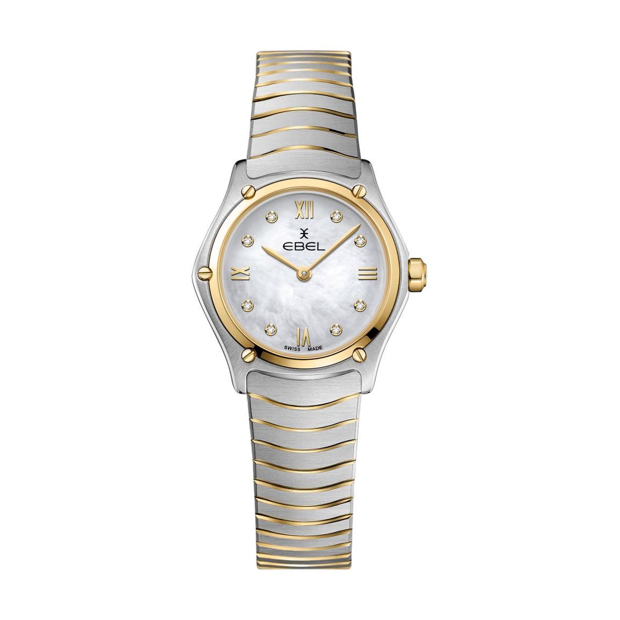 Women's EBEL Sport Classic watch, Mini Size, Stainless steel and 18K 3N yellow gold case, Ø 24mm, white mother-of-pearl dial with 3N yellow gold-plated Roman numerals and 8 diamonds (0.0312 ct), sapphire crystal with antireflective treatment underneath, two-tone stainless steel wave link bracelet with a folding clasp, Swiss quartz movement, water-resistant up to 50 meters