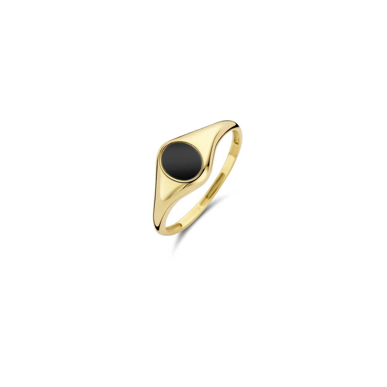 Deze tijdloze zegelring van 14k geelgoud met een onyx steen heeft een simpel, glad design. De band heeft een doorsnede van 1.44 mm en de zegel een grootte van 8.4 mm bij 5.8 mm.