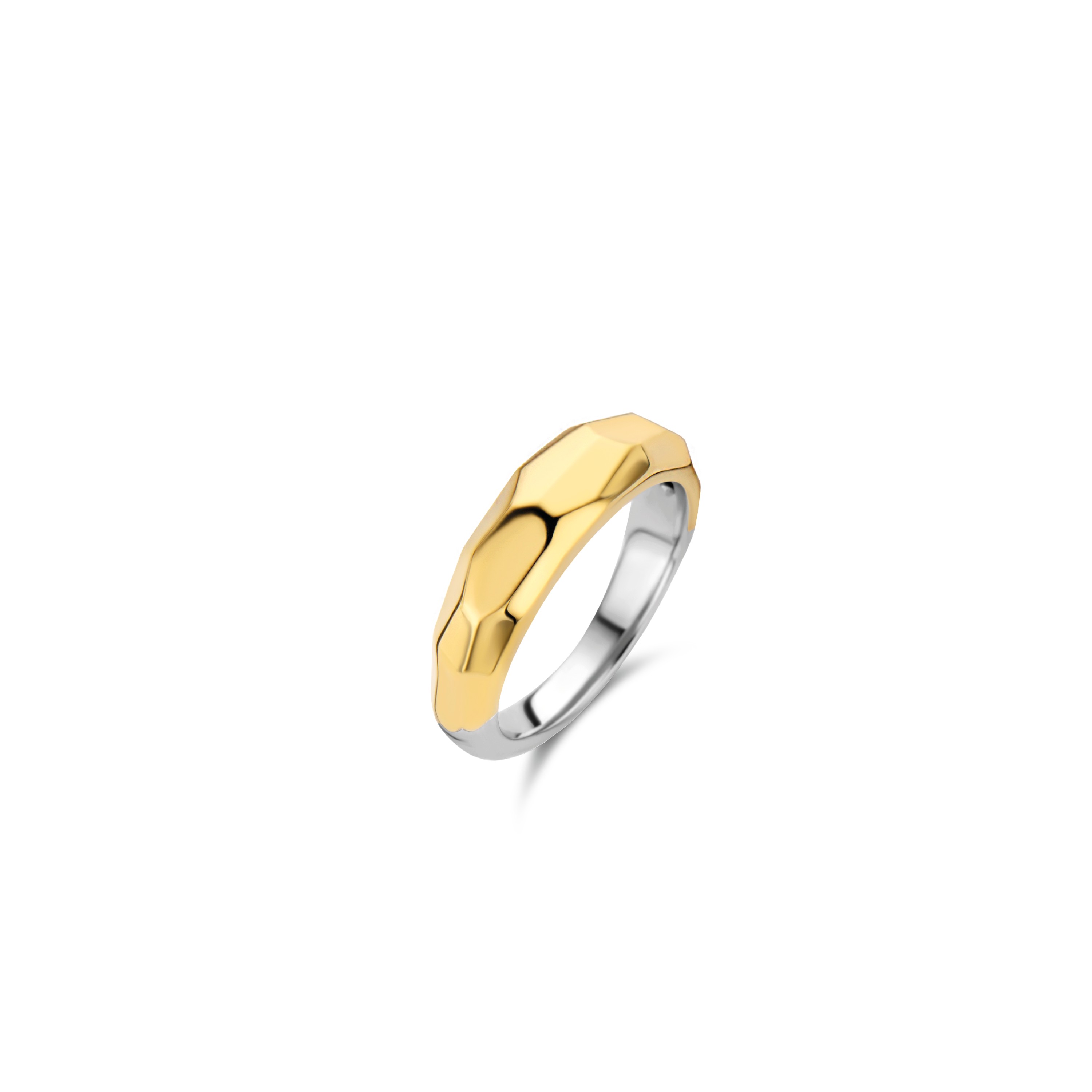 Deze zilveren TI SENTO 12201SY ring heeft een ronde en gefacetteerde vergulde band. Een vintage design met een echt retro gevoel.