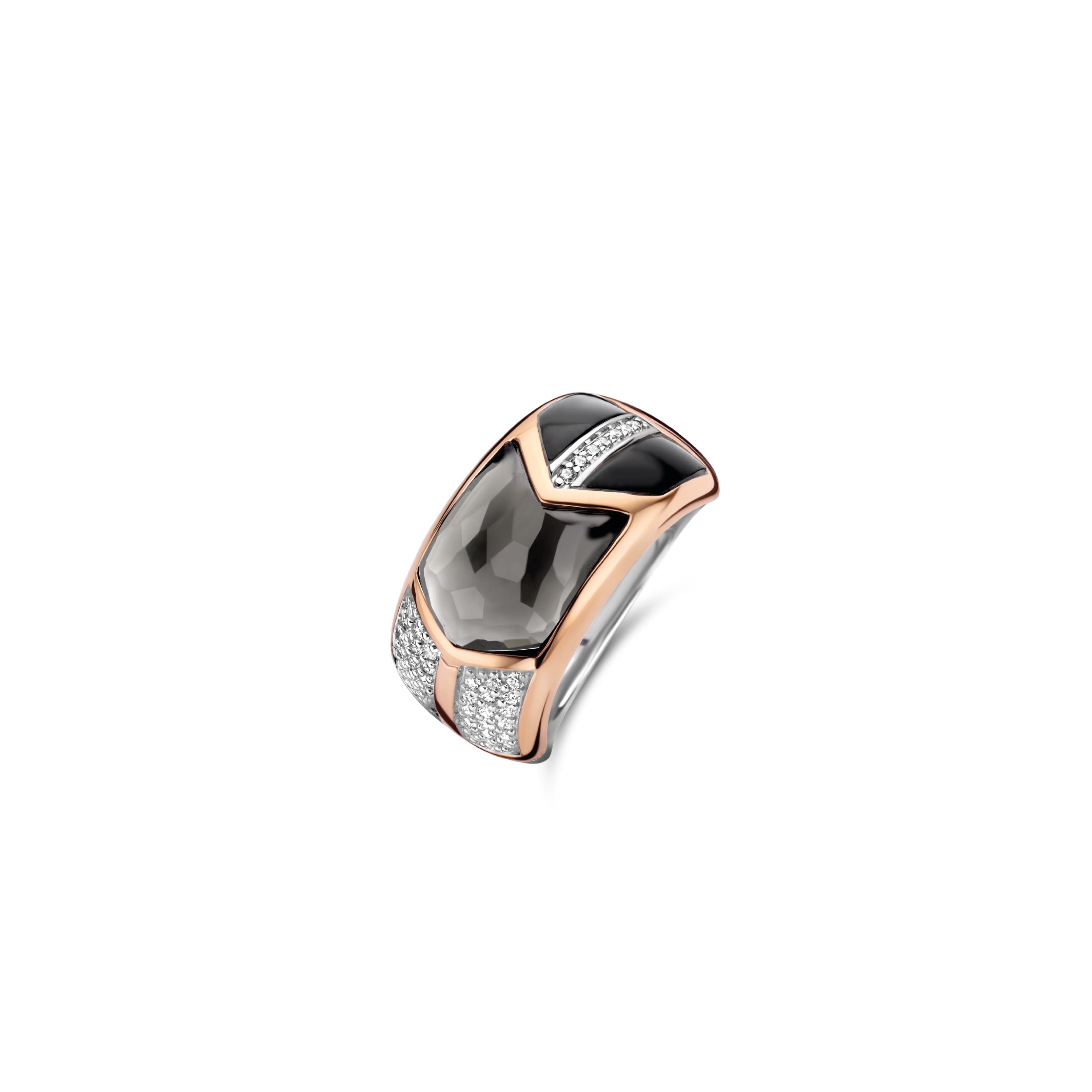 Deze ronde zilveren TI SENTO 12204GB ring heeft grijze en zwarte onyxstenen die met de hand zijn gezet in een roségouden plating setting. De witte zirkonia afwerking voegt dat verfijnde vleugje extravagantie toe.

