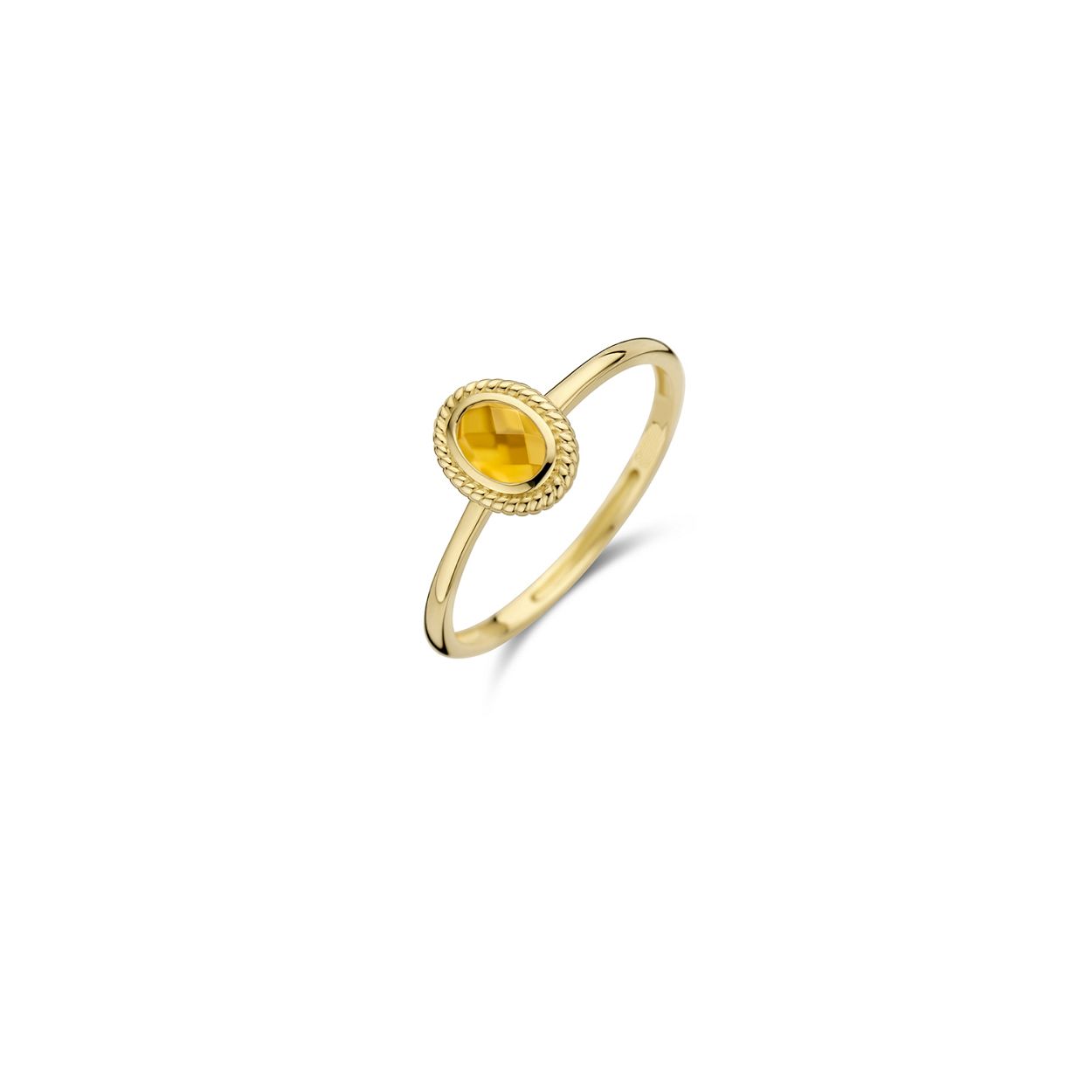 Deze 14k geelgouden ring met citrien en parelmoer heeft een moderne zetting met een kabelmotief. De doorsnede van de band is 1.3 mm en de steen is 6.2 mm bij 7.9 mm. Prachtig op zichzelf maar ook mooi te combineren met andere ringen uit onze collectie.