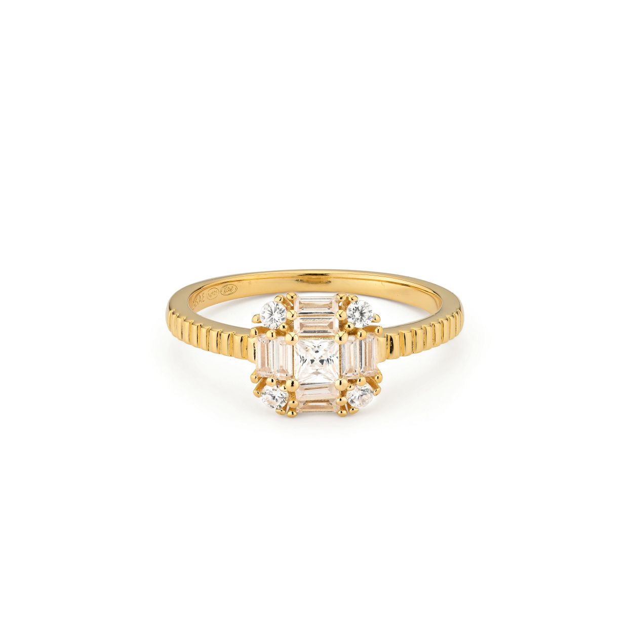 zilveren 24kae ring, verguld+ baguettes mt56