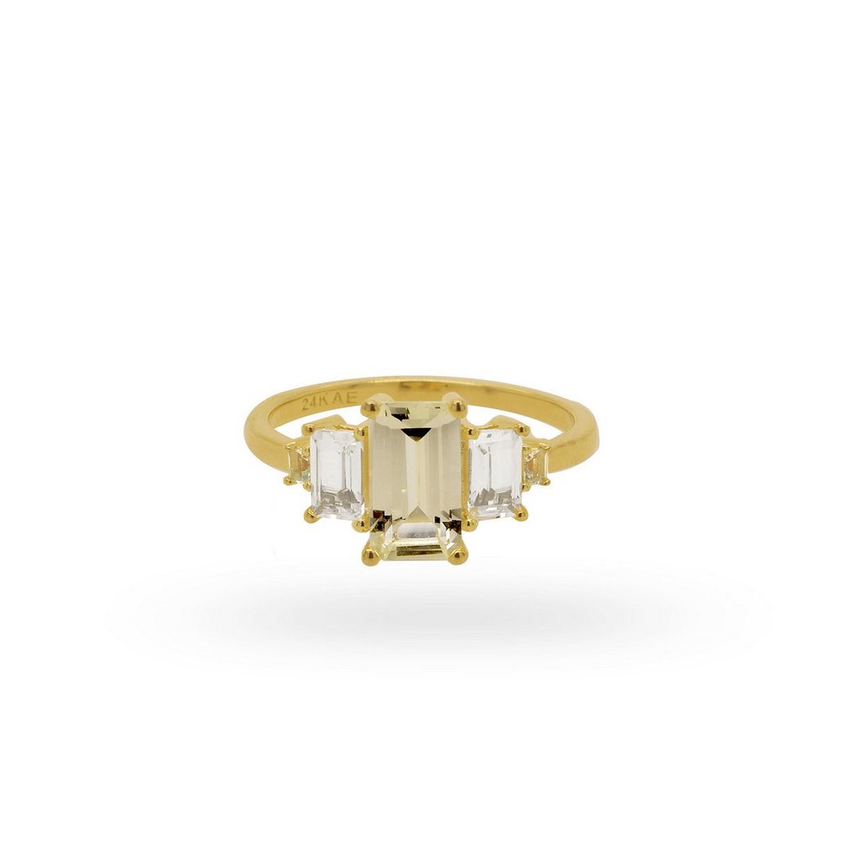 zilveren 24Kae ring, verguld+ groen/wit baguette mt54