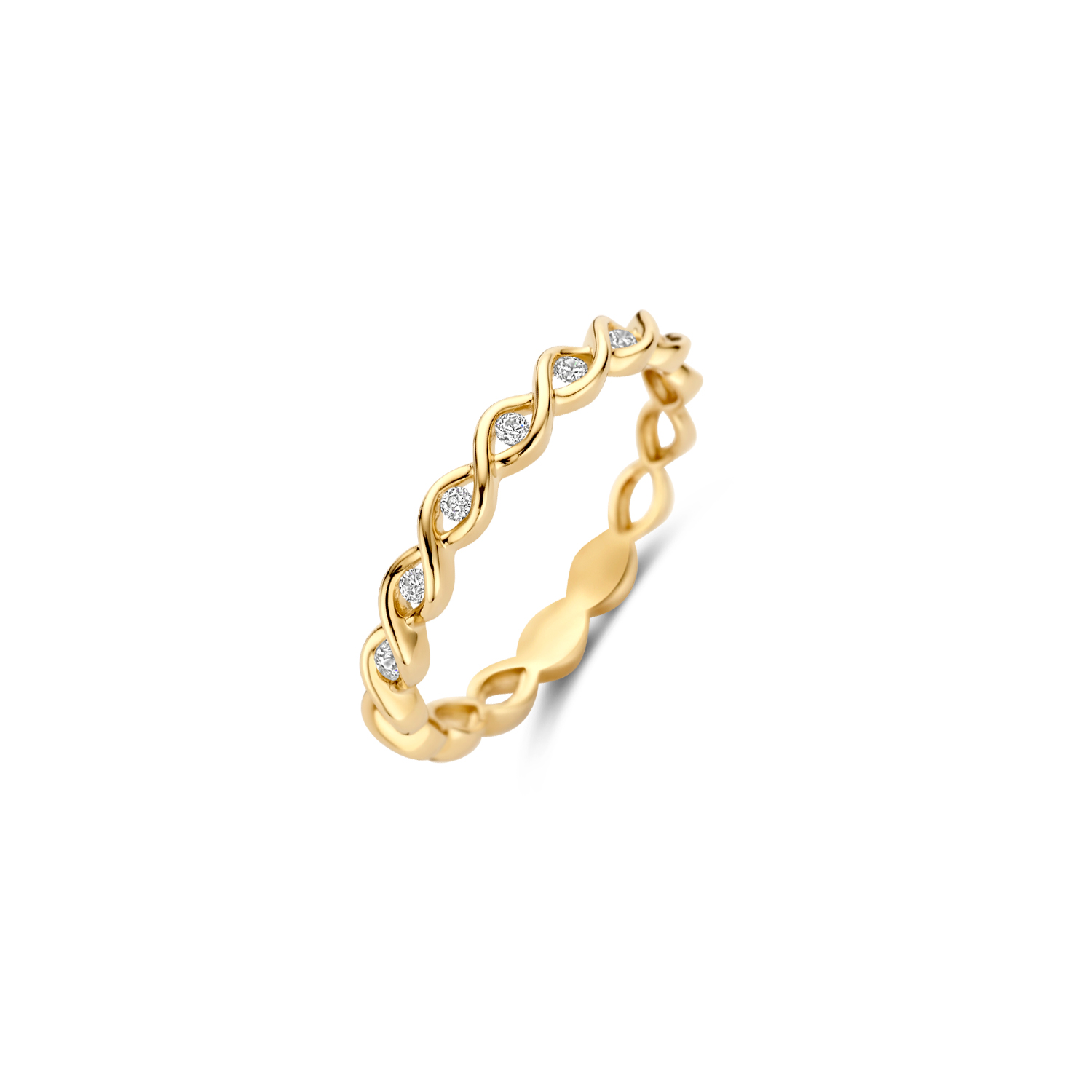 Blush geelgouden ring 14k, gevlochten model met aan de bovenzijde zirkonia ertussen.