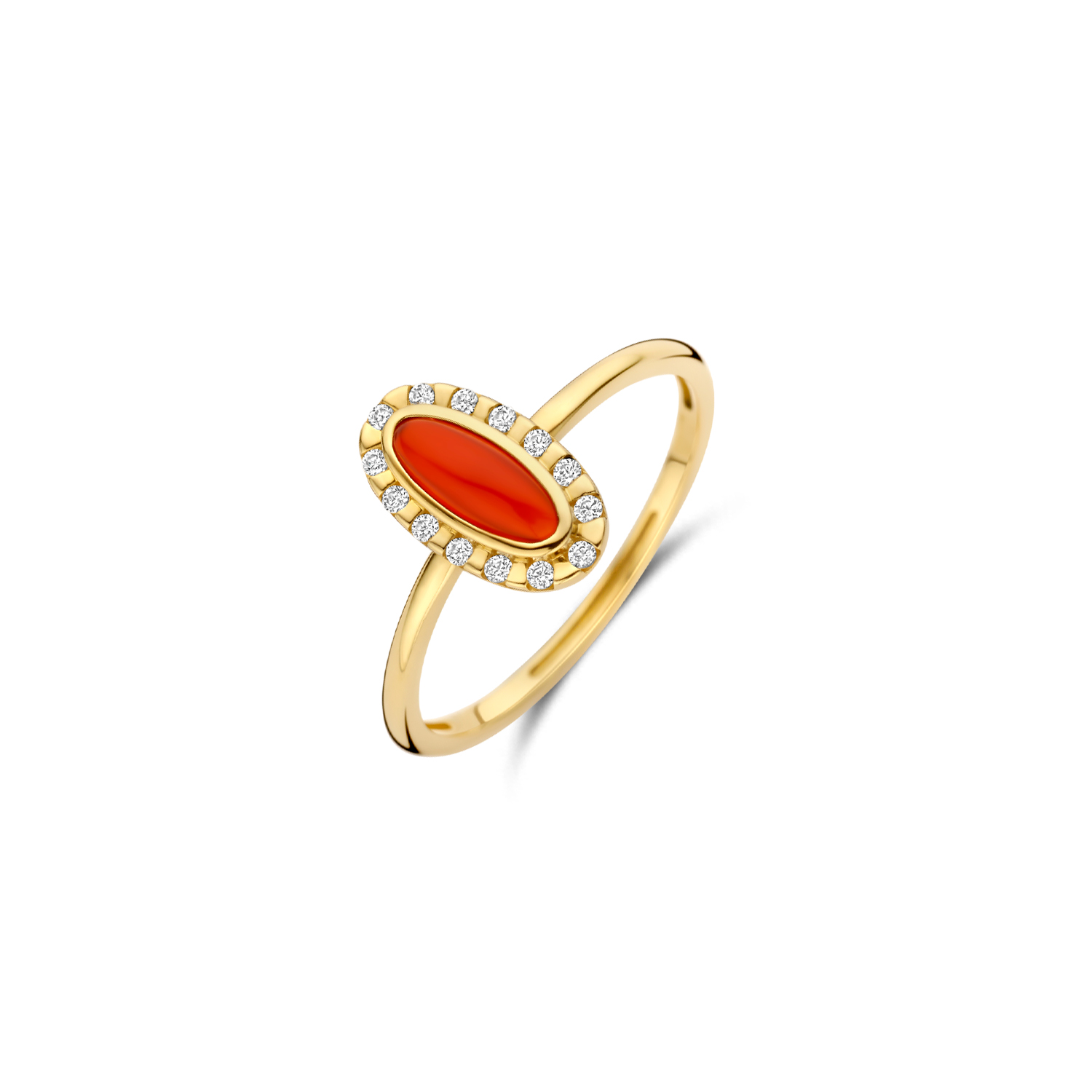 Geelgoud (14karaat) met Rode Agaat. 
Een klassiek design in een modern jasje. Deze ring van Blush in 14 karaat goud met referentie 1266YRA is gezet met rode agaat in een smal ovale vorm met daaromheen een fijne rand met briljant geslepen zirconia's. 