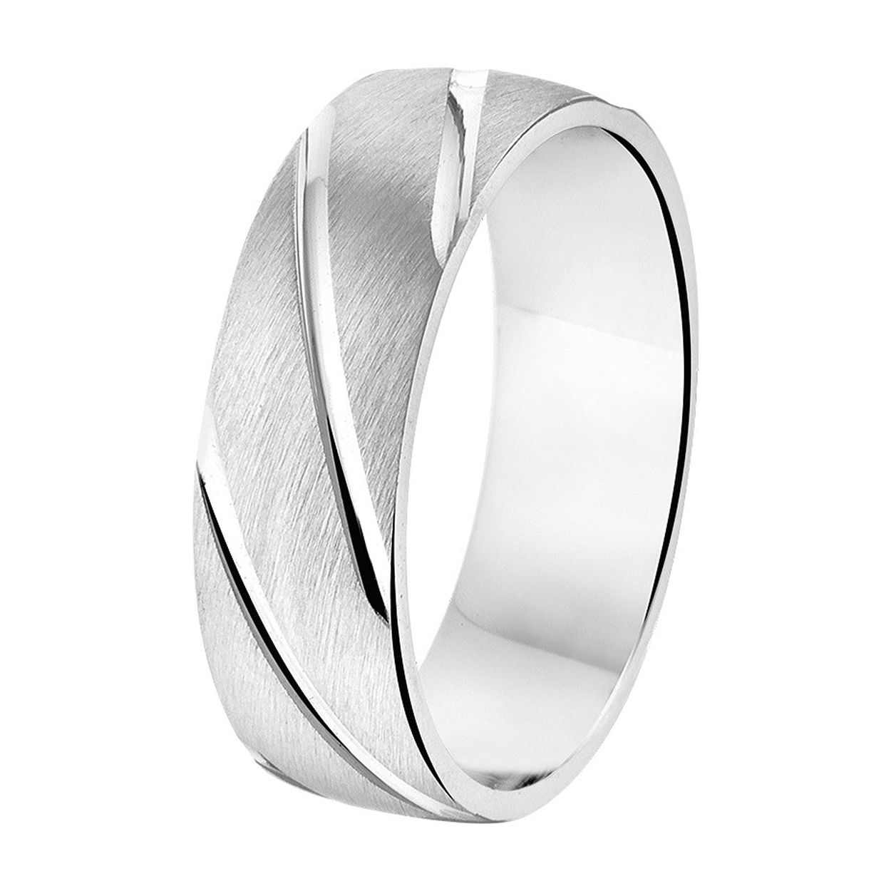 Amorio gerhodineerd zilveren relatiering, zonder zirkonia. De ring heeft een matte en glanzende afwerking en heeft een breedte van 6,5 millimeter. Ringmaat: 22. De ring is leverbaar in diverse maten, van maat 16 t/m 22 (ook halve maten). De ringen worden per stuk geleverd. In de ring graveren wij één naam gratis, dit kunt u aangeven in 'de opmerkingen' tijdens het bestelproces. Gegraveerde sieraden worden niet geruild.
