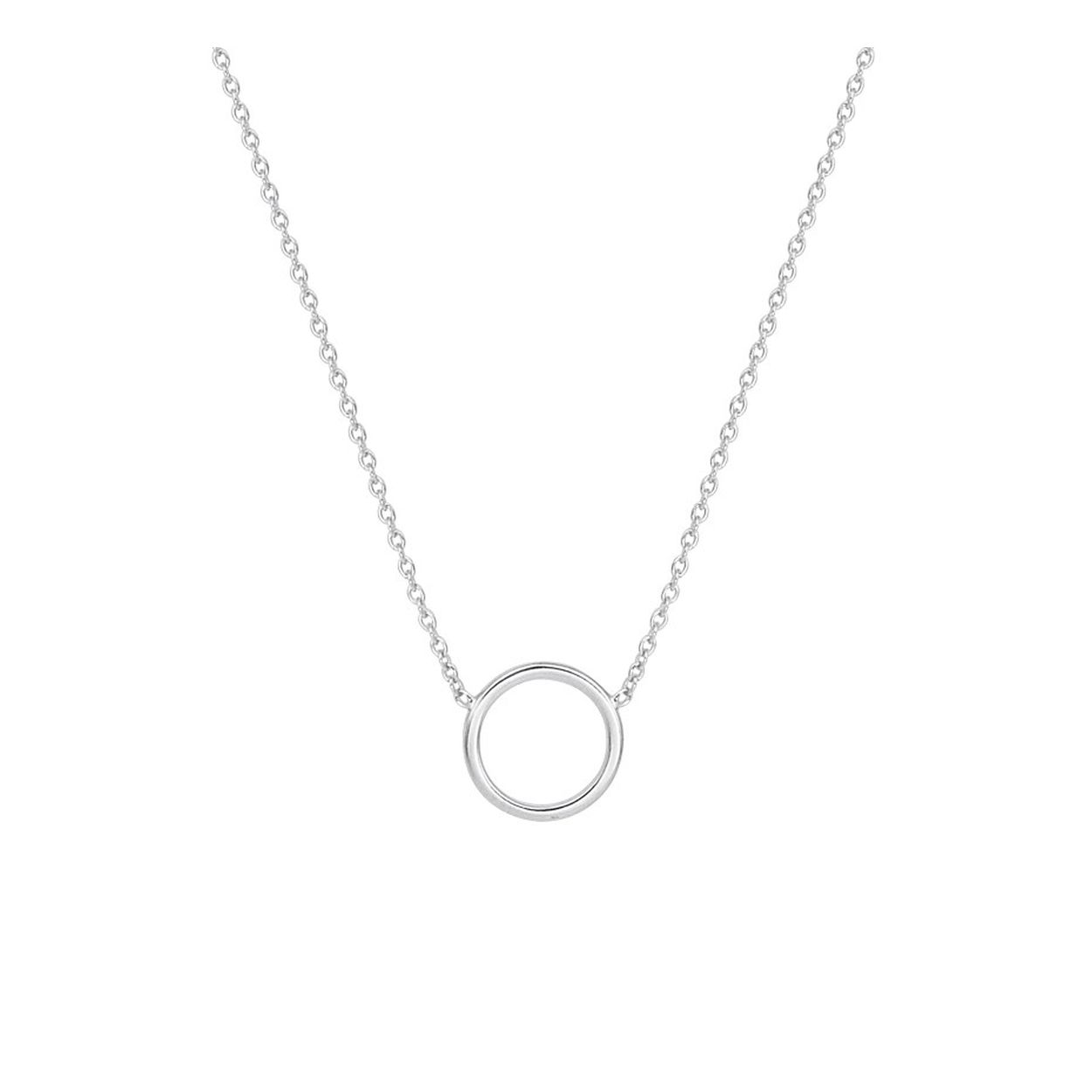 Gerhodineerd zilveren collier met een open cirkel. De lengte bedraagt 41cm met 5cm extensie en de schakelbreedte is 1.3mm. Het collier is ook verkrijgbaar in geelgoud op zilver en rosegoud op zilver.