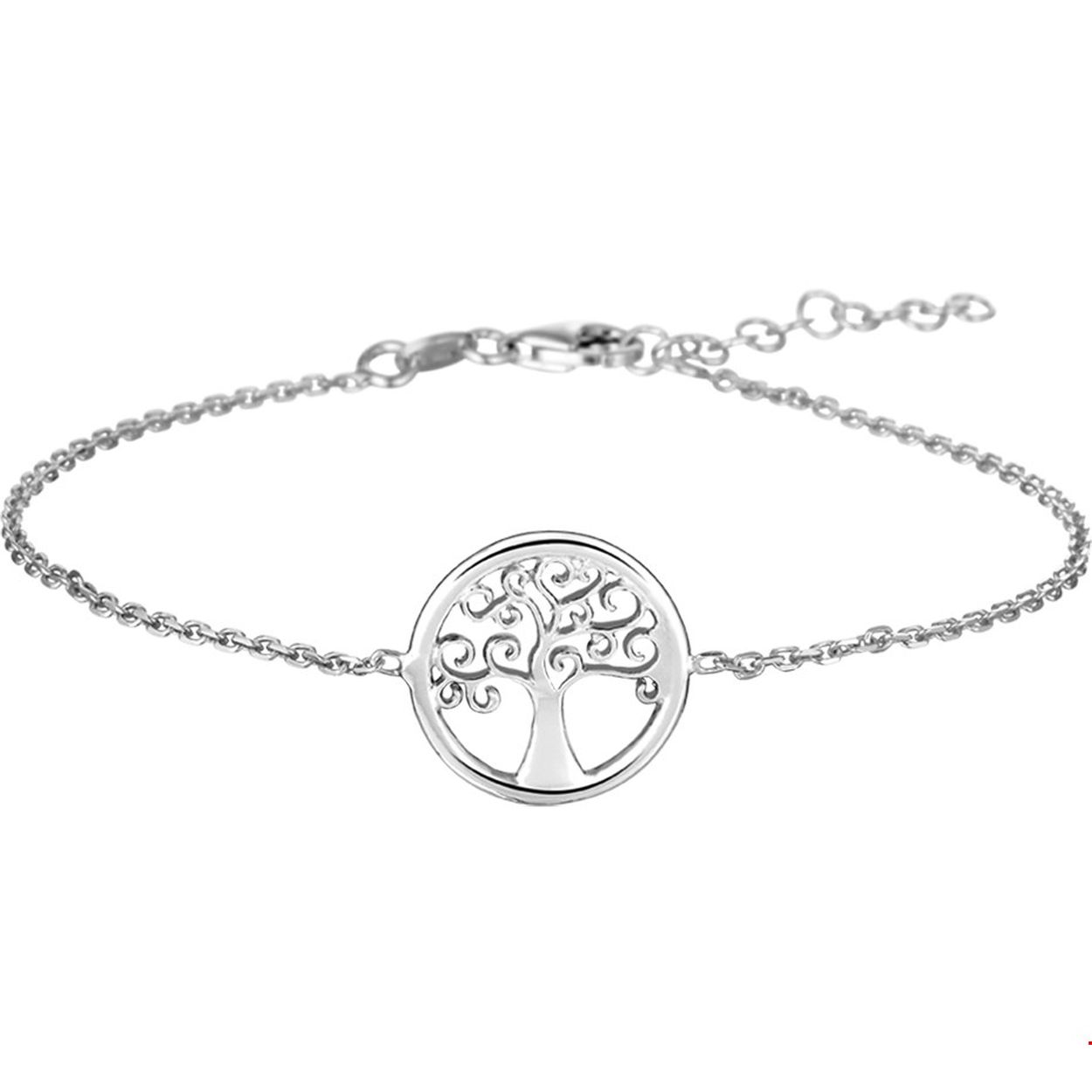 Mooi gerhodineerd 925 zilveren 1.5mm anker armband uitgevoerd met een gedetailleerde levensboom en een stevige karabijn sluiting. De ronde hanger heeft een diameter van 15.5mm. De lengte bedraagt 17cm met 3cm extensie.