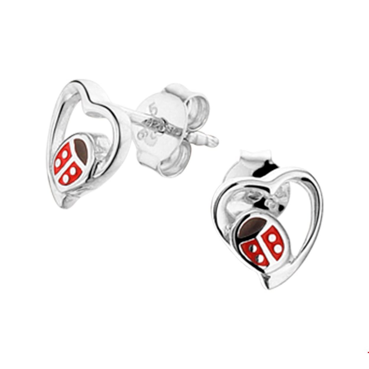Gerhodineerd zilveren oorknoppen in de vorm van een hartje met een lieveheersbeestje in emaille. De oorknoppen hebben een afmeting van 7.5x7.5mm en is uitgevoerd met een stevige pouchette sluiting. Deze oorsieraden zijn te combineren met bijpassende sieraden uit onze collectie.