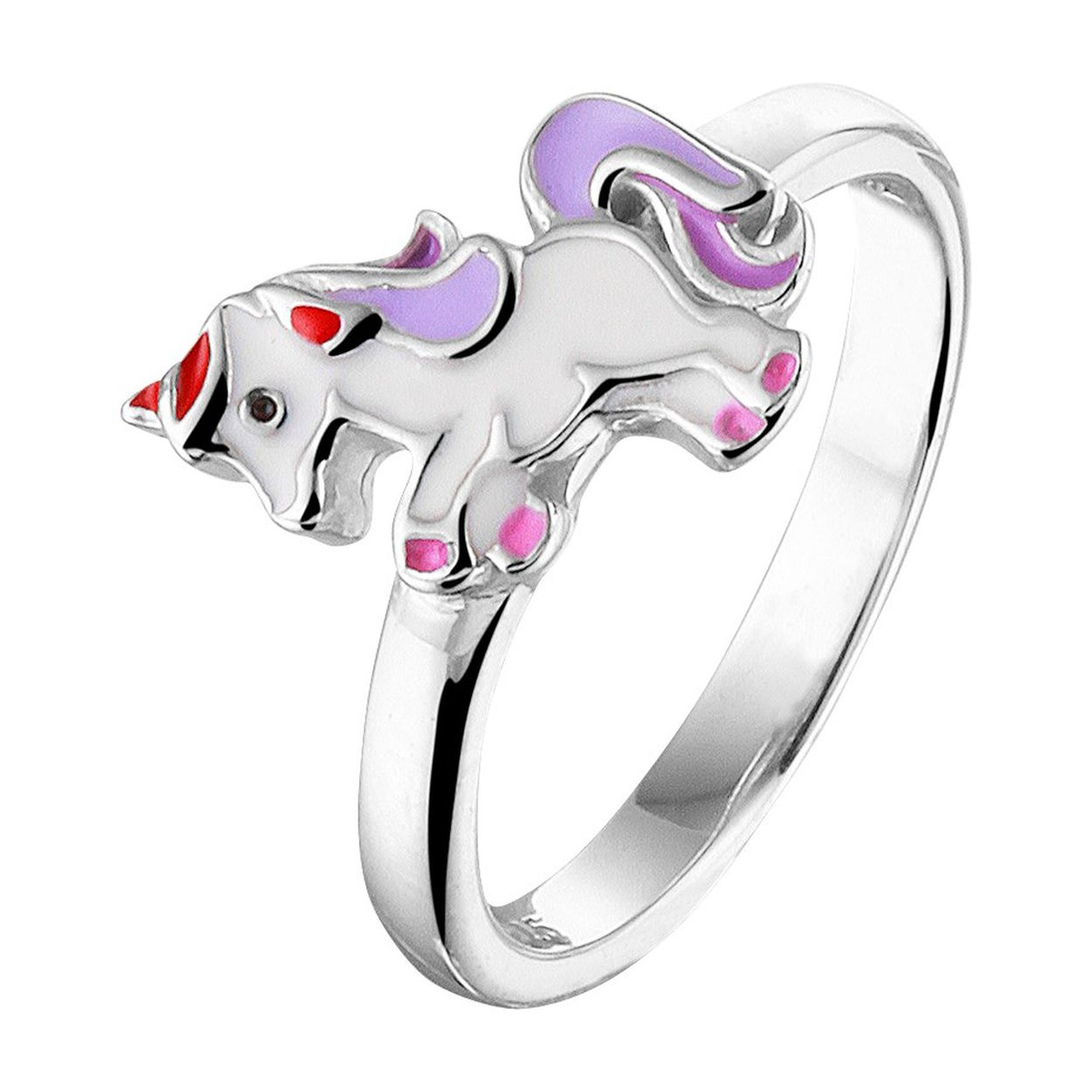 Schattige gerhodineerd zilveren fantasie eenhoorn ring met een breedte van 9,5mm. Info: Gerhodineerd zilver is door de rhodiumlaag beter bestand tegen verkleuren en krassen.