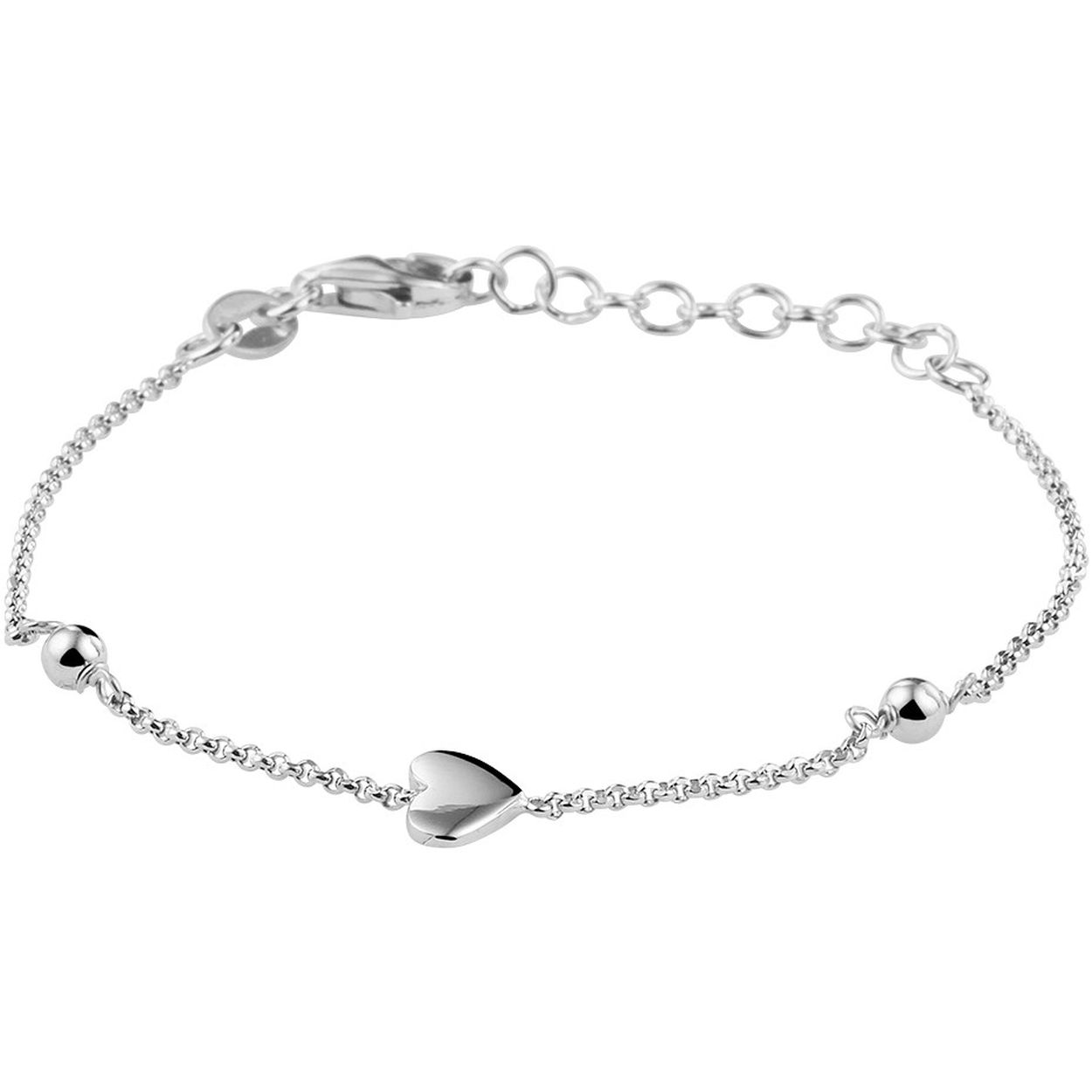 Schattige fijn gerhodineerd 925 zilveren armband uitgevoerd met een hart van 5.5x7mm, poli afgewerkte bolletjes van 3mm en een karabijn sluiting. De armband heeft een draaglengte van 13cm en een extensie van 3cm.
