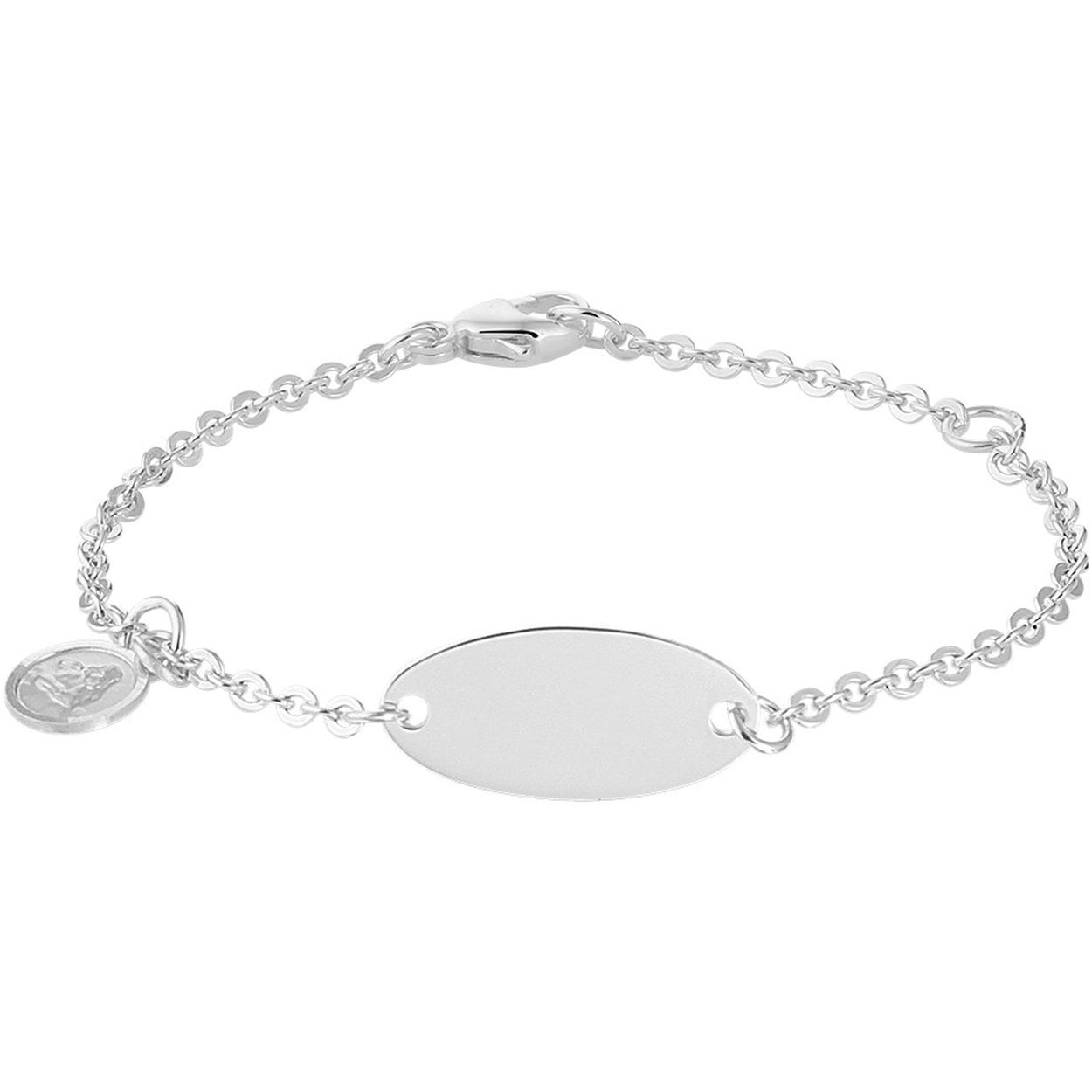 Gerhodineerd 925 zilveren graveerarmband met een ovale graveerplaat van 8x16.5mm en een ronde hanger van 6.5mm met een engel voorstelling. De armband heeft draaglengtes van 11.5 en 13cm. Uitgevoerd met een stevige karabijn sluiting.