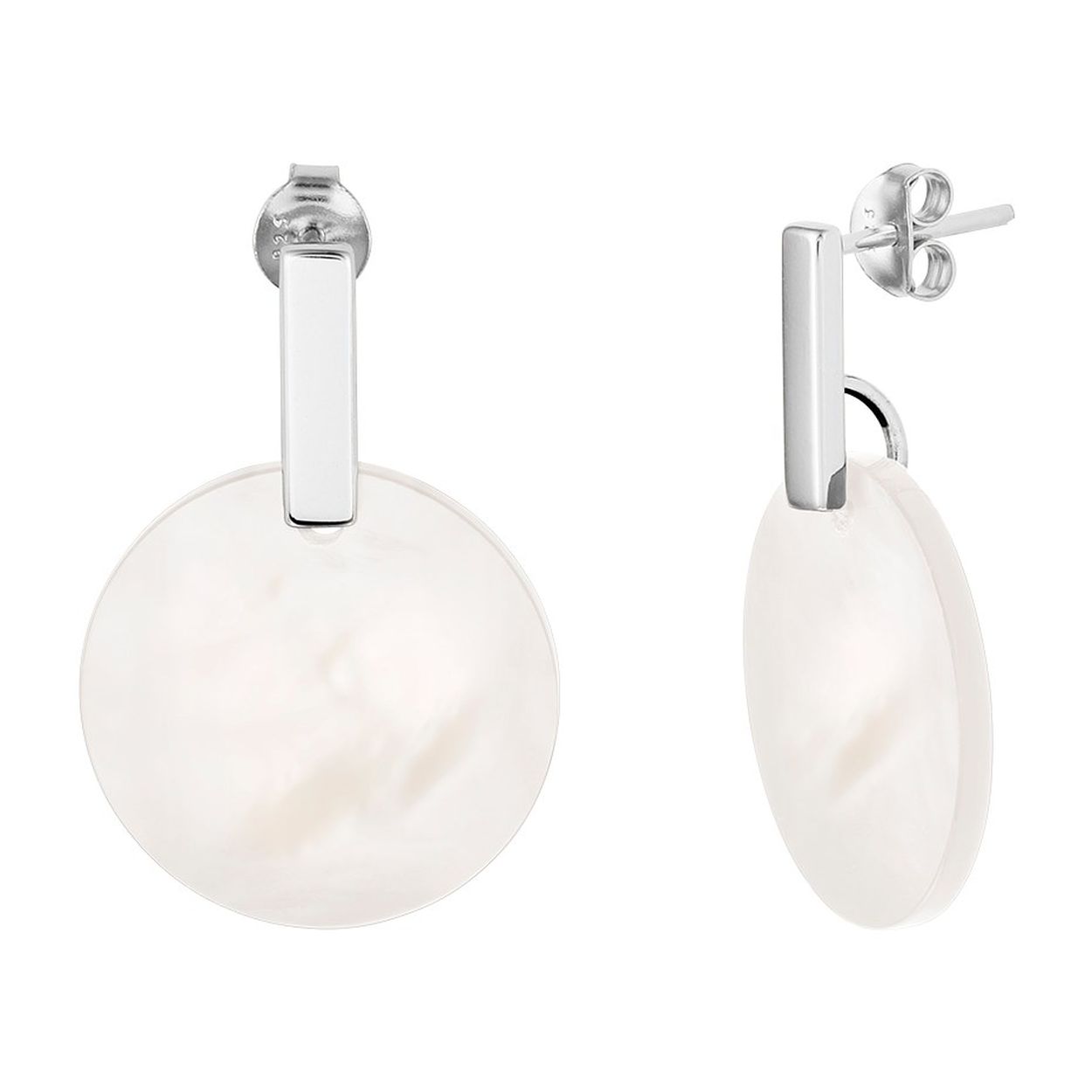 Gerhodineerd 925 zilveren oorhangers uitgevoerd met ronde parelmoer hangers. De oorhangers hebben een totale hoogte van 2.9cm. De hangers hebben een diameter van 20mm.