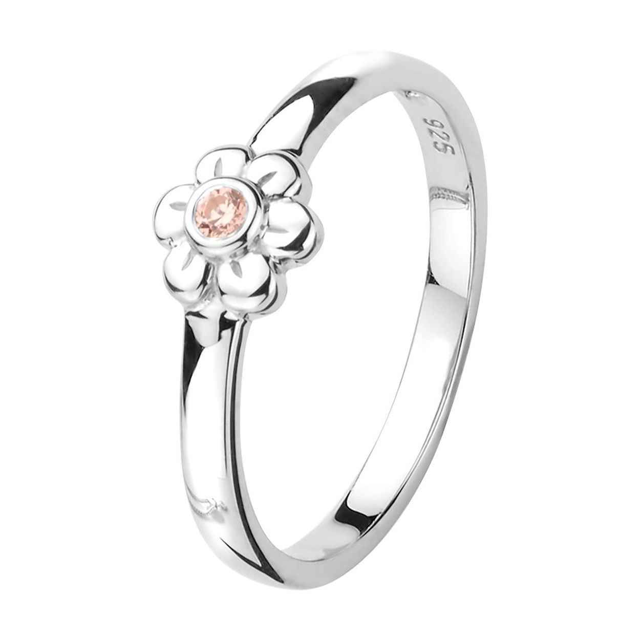 Gerhodineerd 925 zilveren ring uitgevoerd met een bloem en een schitterende roze zirkonia. De ring heeft een breedte van 5.5mm.