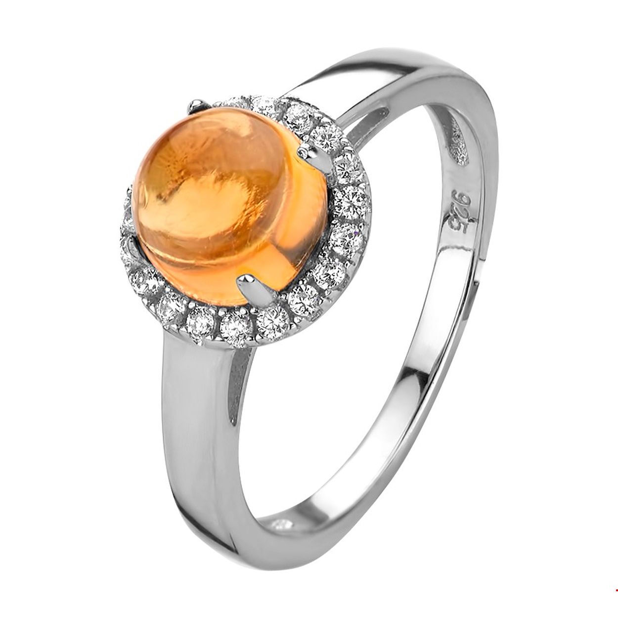 Gerhodineerd zilveren ring uitgevoerd met schitterende zirkonia en een citrien steen. De ring heeft een breedte van 9.5mm.