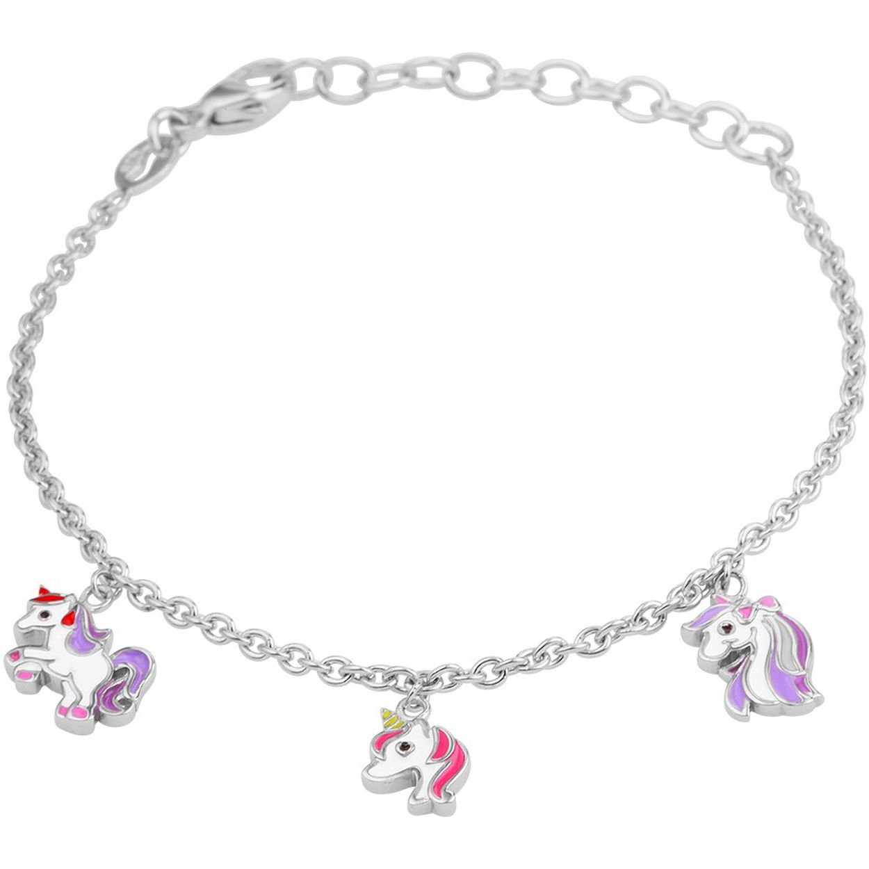 Gerhodineerd 925 zilveren armband uitgevoerd met drie verschillende hangers in de vorm van een eenhoorn en een stevige karabijn sluiting. De armband heeft een draaglengte van 13cm met een extensie van 3cm. De hangers hebben een afmeting van 10.5x9mm, 9x6,5mm en 11x7mm.