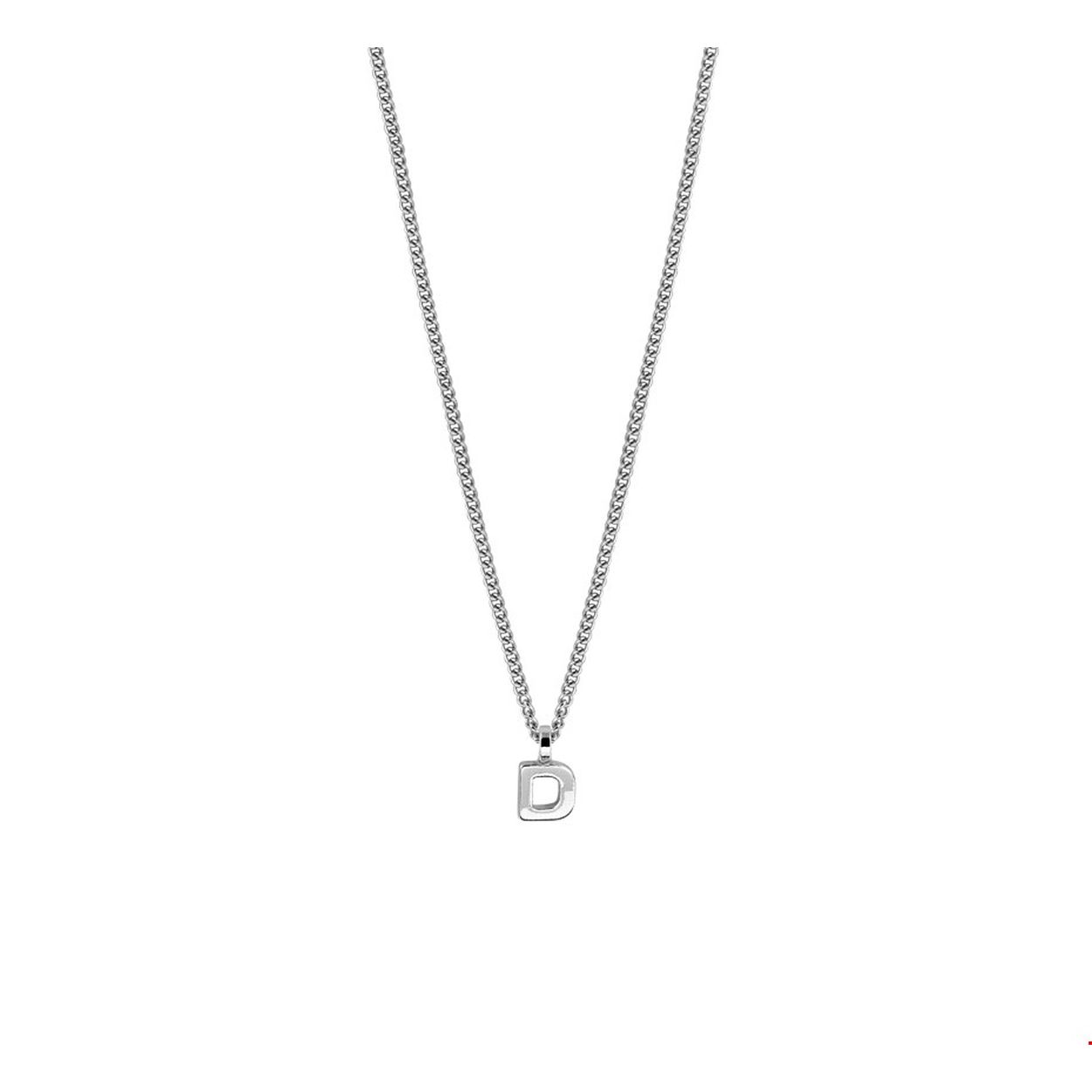 Gerhodineerd zilveren collier met de letter D. Het collier heeft een draaglengte van 41cm en een extensie van 5cm, uitgevoerd met een stevige karabijn sluiting. De hanger heeft een hoogte van 7.5mm en een breedte van 4mm. Tip: Geef dit persoonlijke collier cadeau aan een dierbare of geliefde.